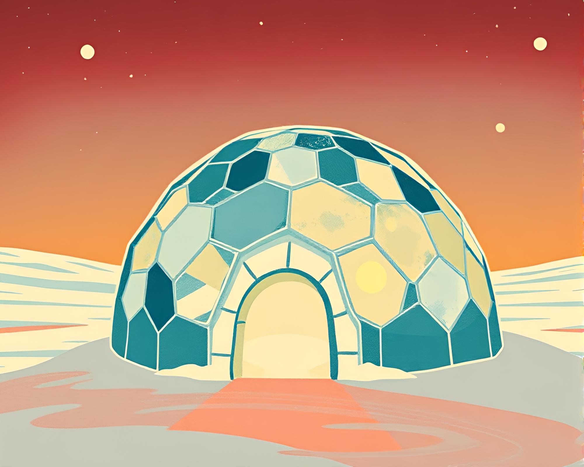 Glass Igloo in Triadic Hues: Woodblock Print Vignette – free AI stock image
