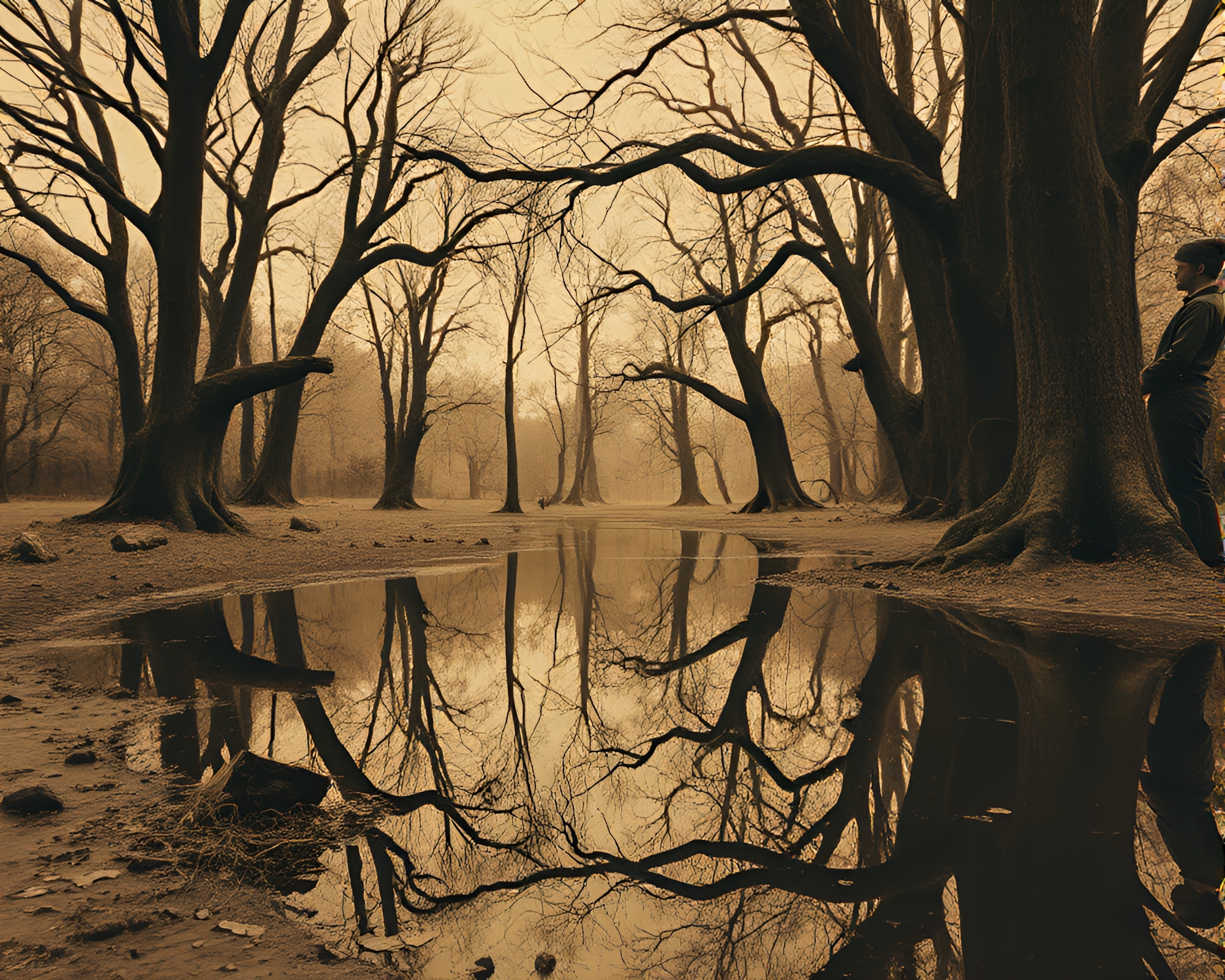Ancient Grove Puddle Reflection in Dadaist Sepia Collage – free AI stock image