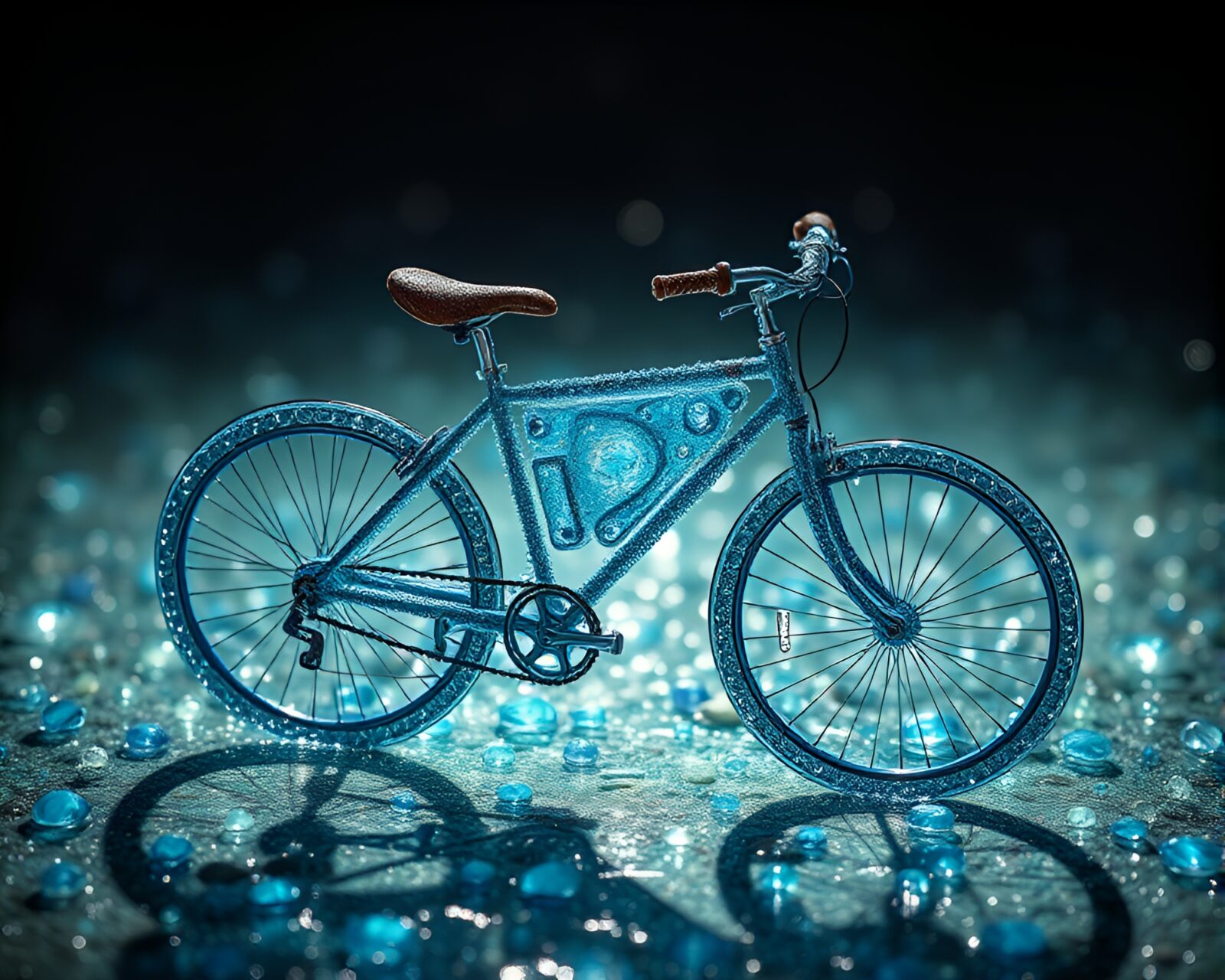 Engraved solar bike in wet glass bead reflection