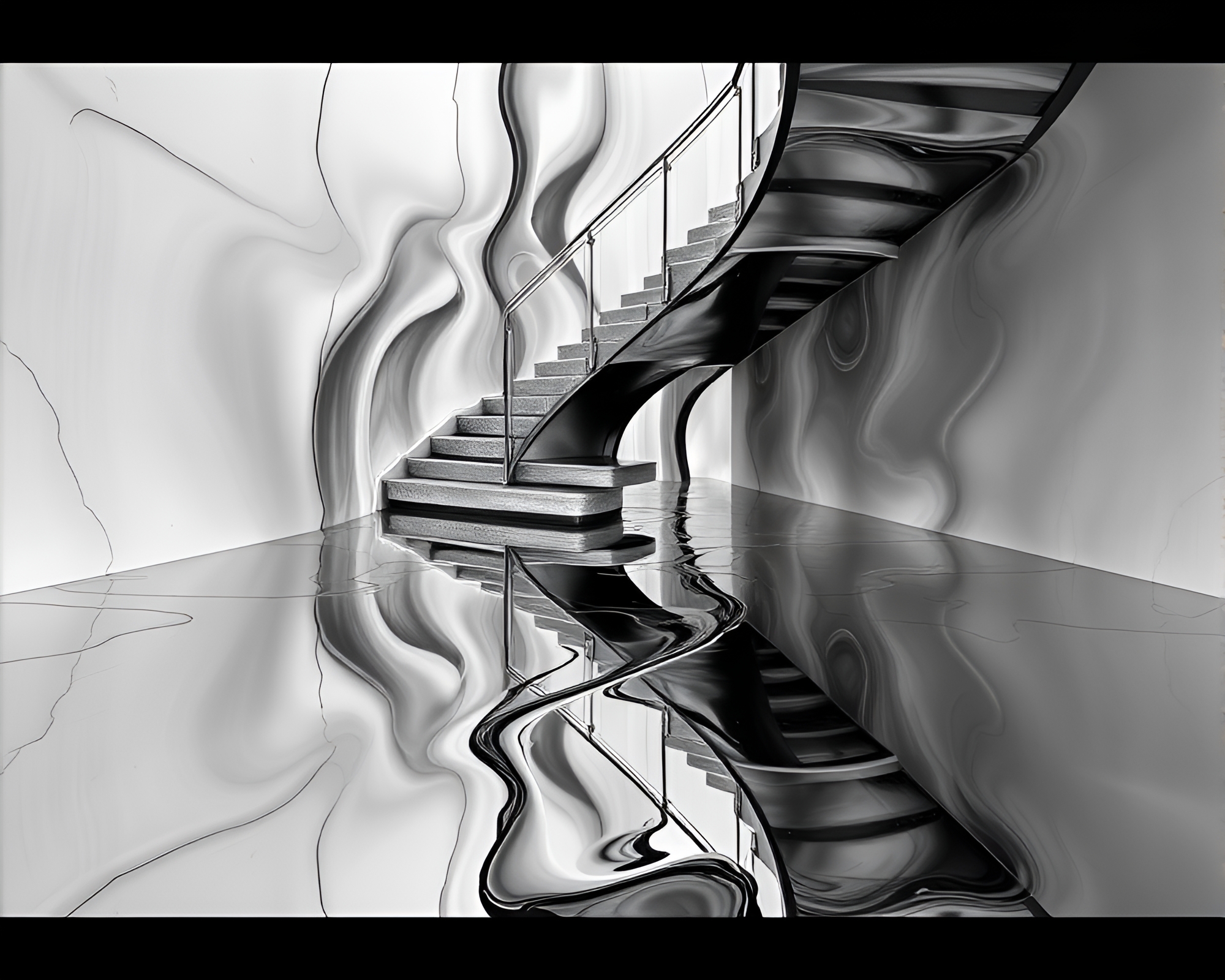 Escher-inspired Shard Reflection in Gray Fluid Simulation – free AI stock image
