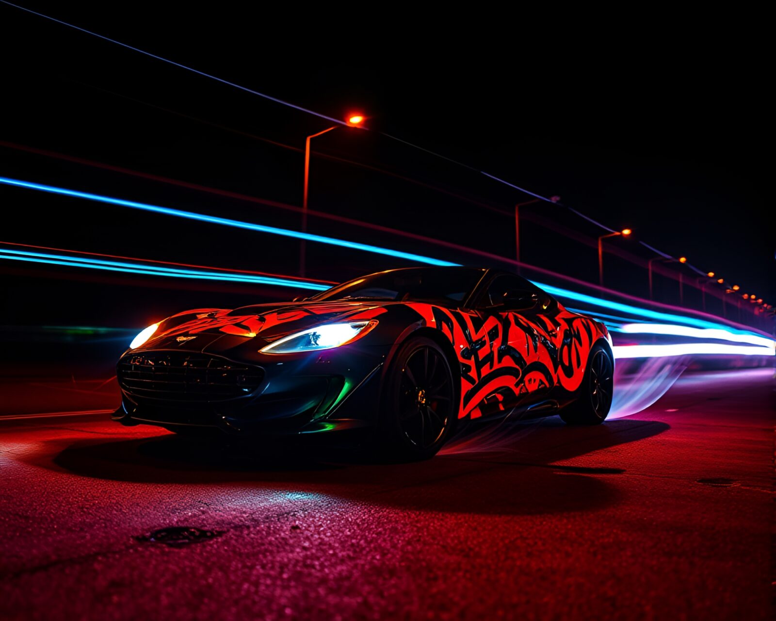 Colorful car light trails forming scorpion shape with graffiti