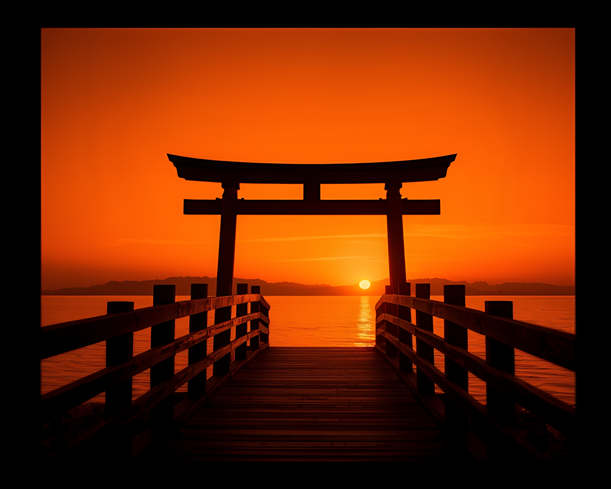 Enchanting Wooden Bridge Sunset Duotone Composition – free AI stock image