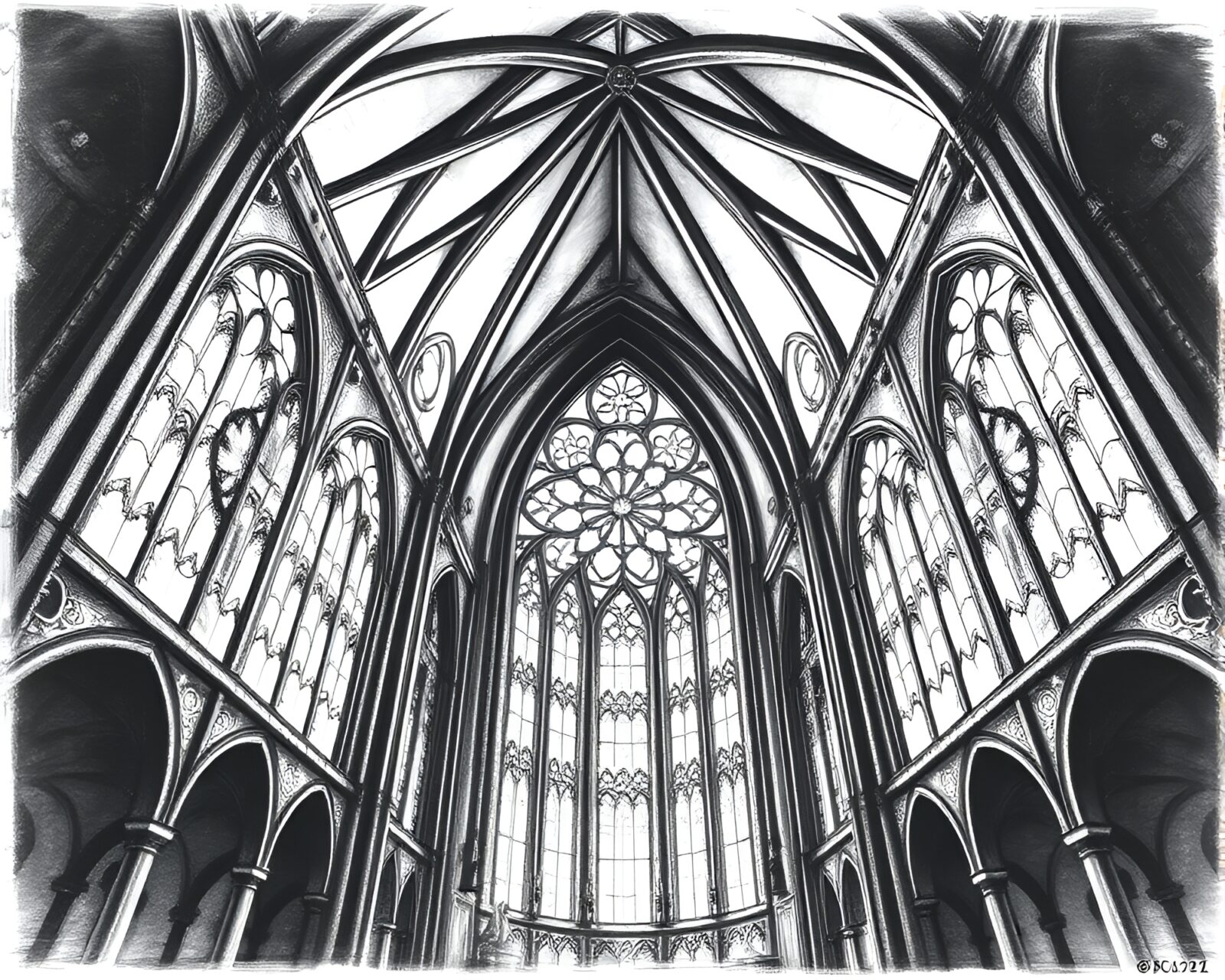 High-angle charcoal sketch of cathedral filled with stained light