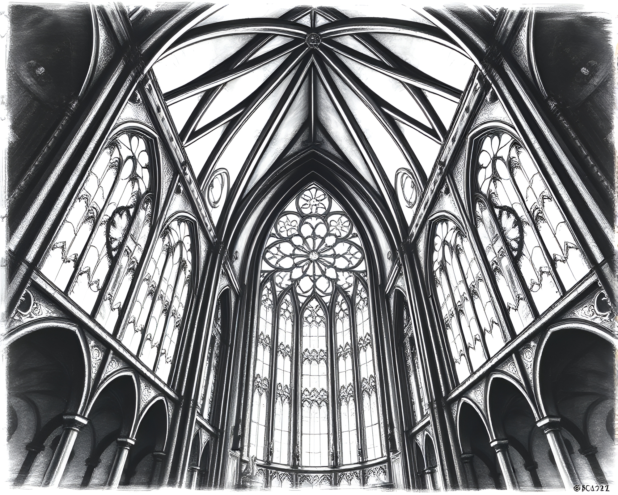 Sacred Geometry Cathedral Illuminated Sketch Artwork – free AI stock image