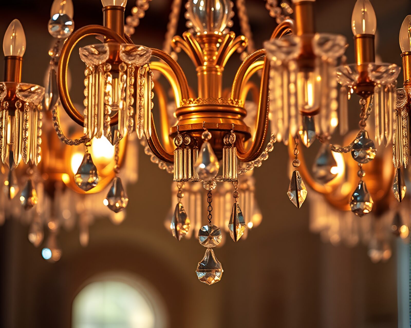 Glowing crystal chandelier against a gradient mesh background