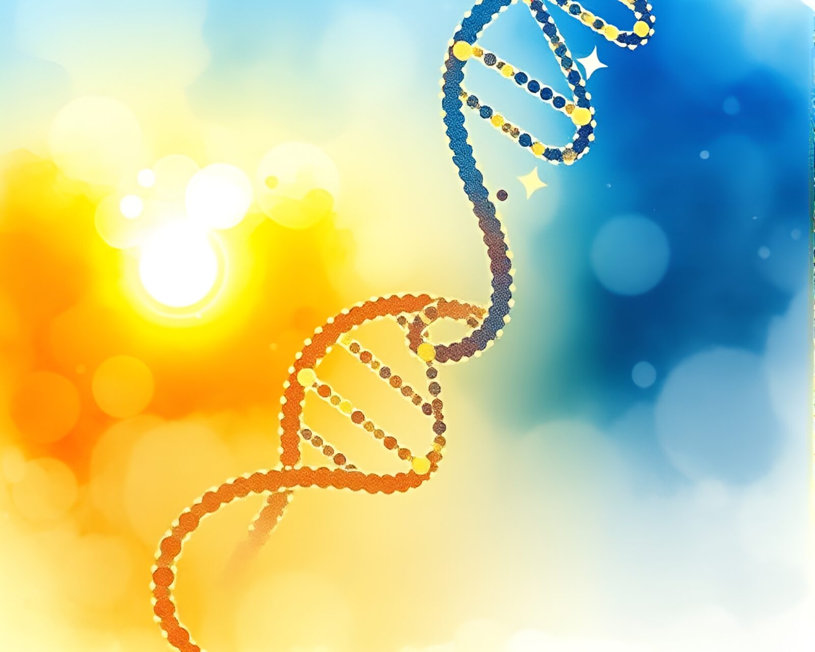 Golden hour dusk illuminating DNA helix in watercolor