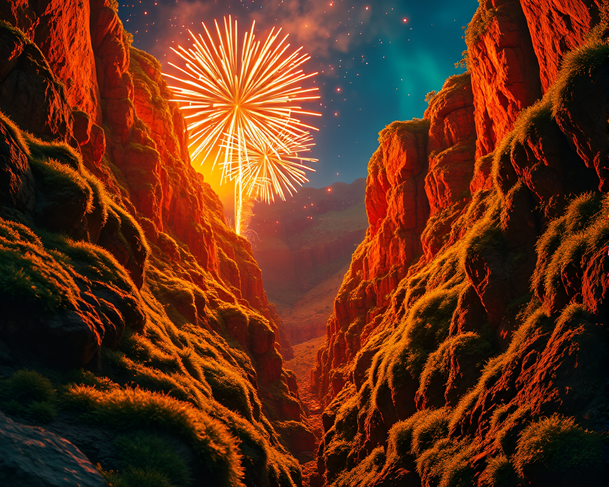 Vibrant Canyon Moss Festival Fireworks Art – free AI stock image