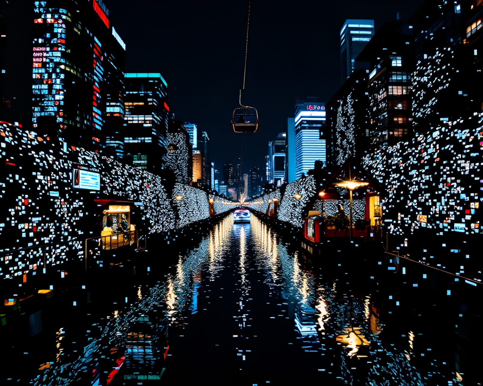 Pixelated light reflecting off mosaic mirror shards with gondola lift