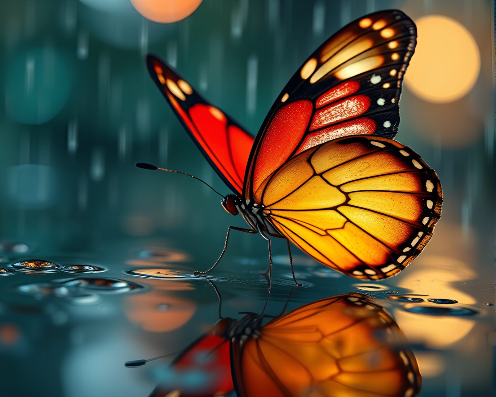 Detailed macro illustration of a silk butterfly in rainy reflections