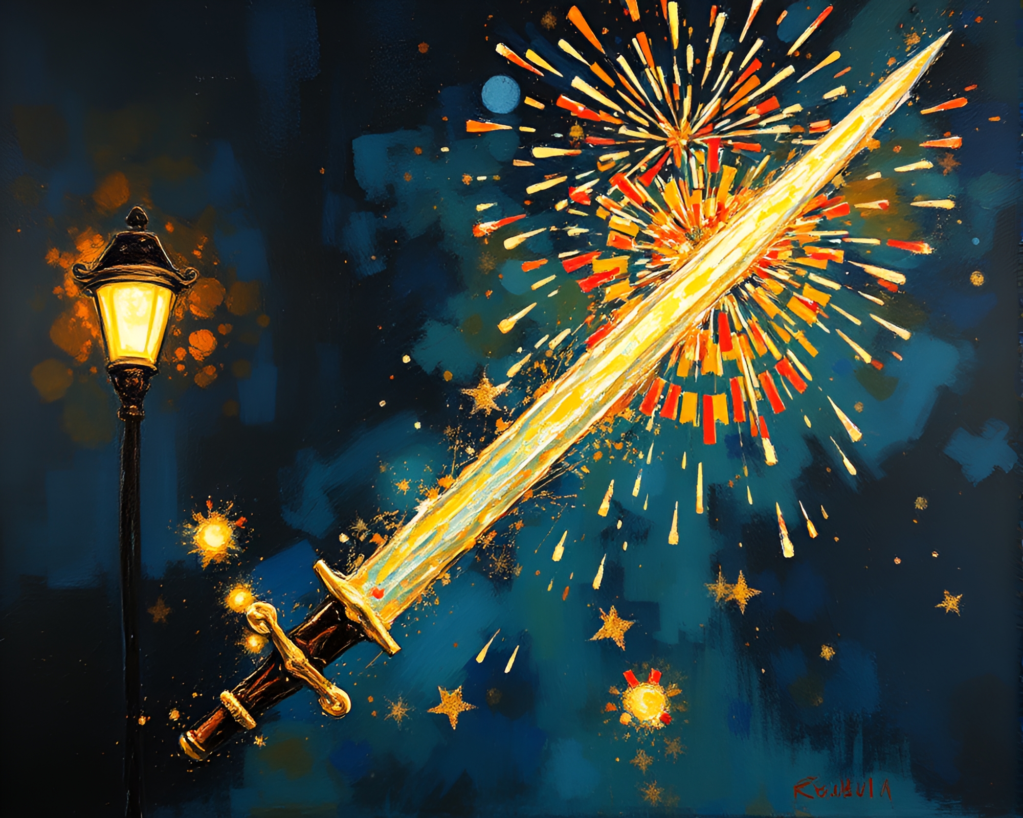 Explosive Swordplay Under Glowing Street Lamps – free AI stock image