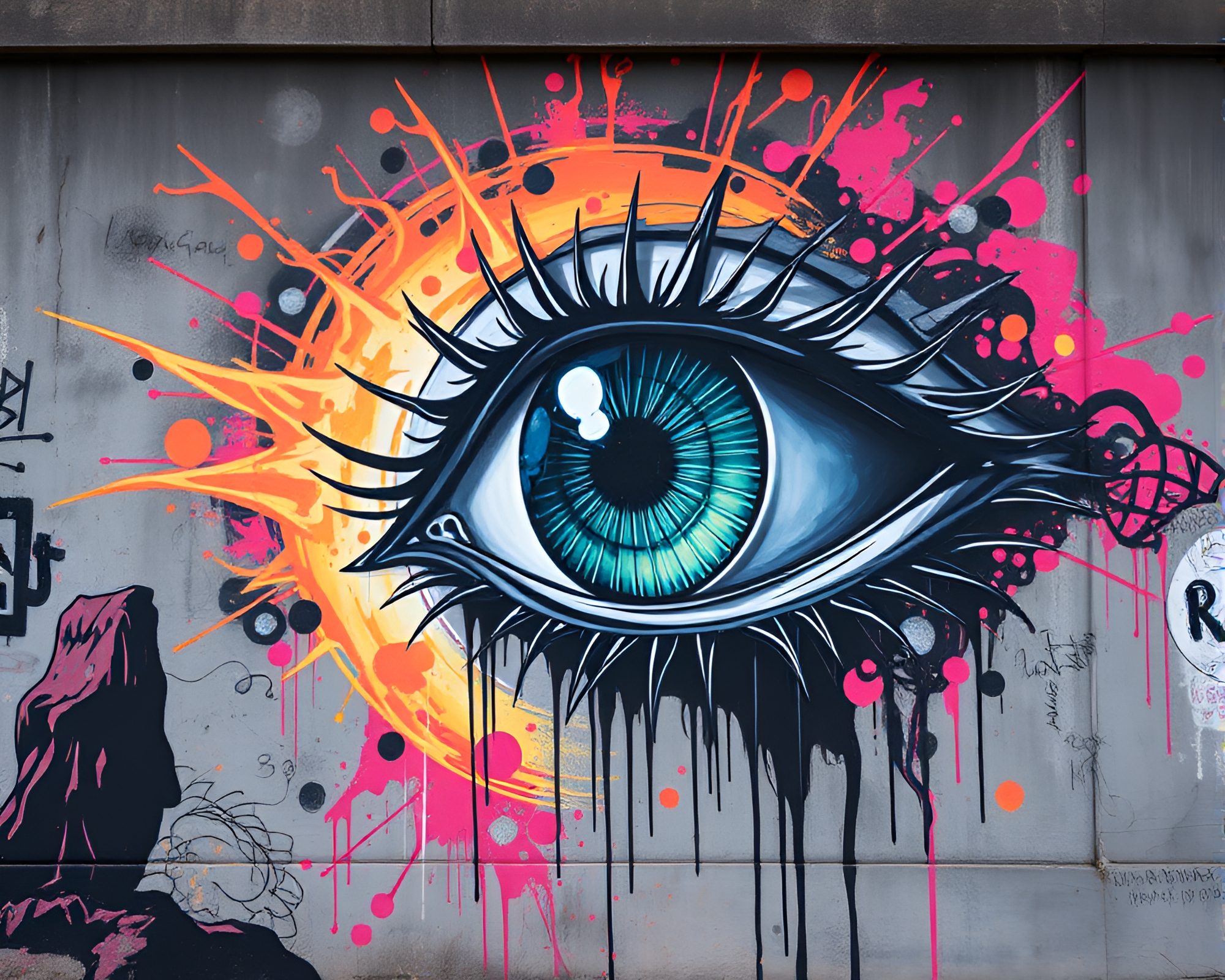 Cybernetic Eye Mural in Volcanic Ash Tint Style – free AI stock image