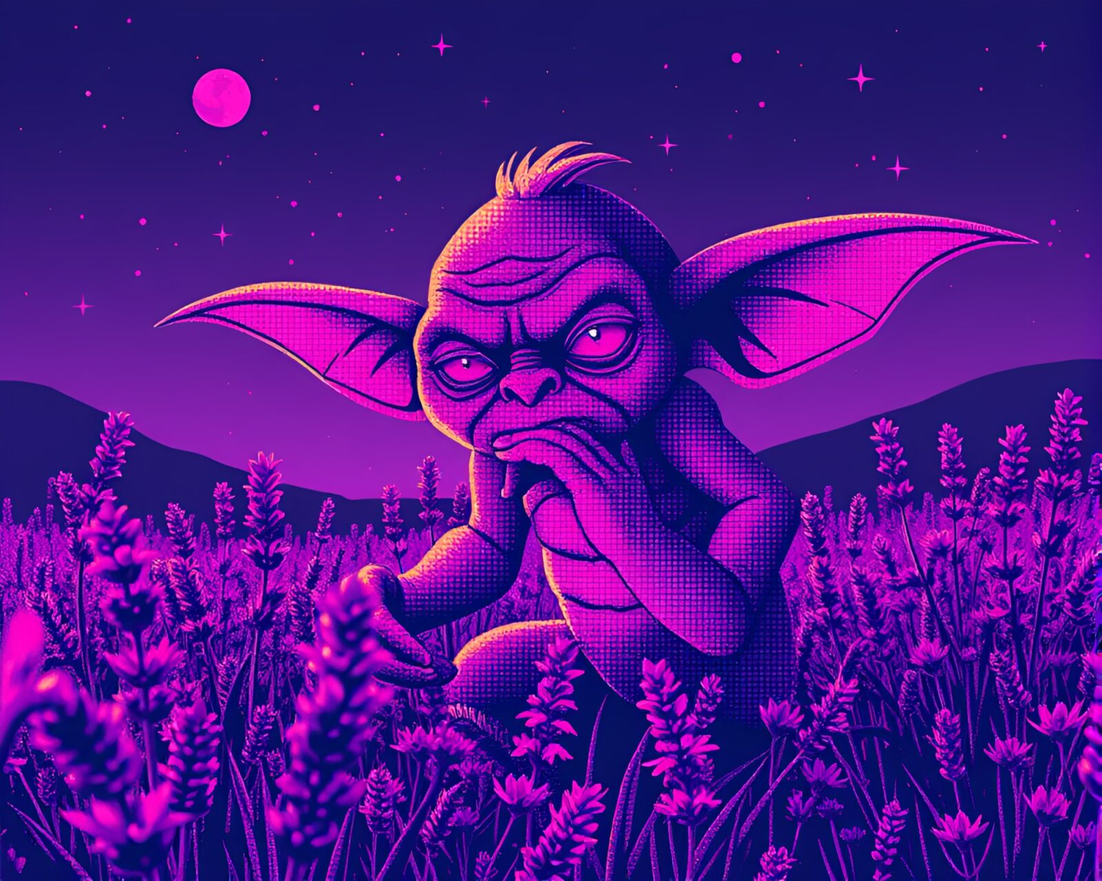 Lavender twilight setting with halftone grid background and goblin