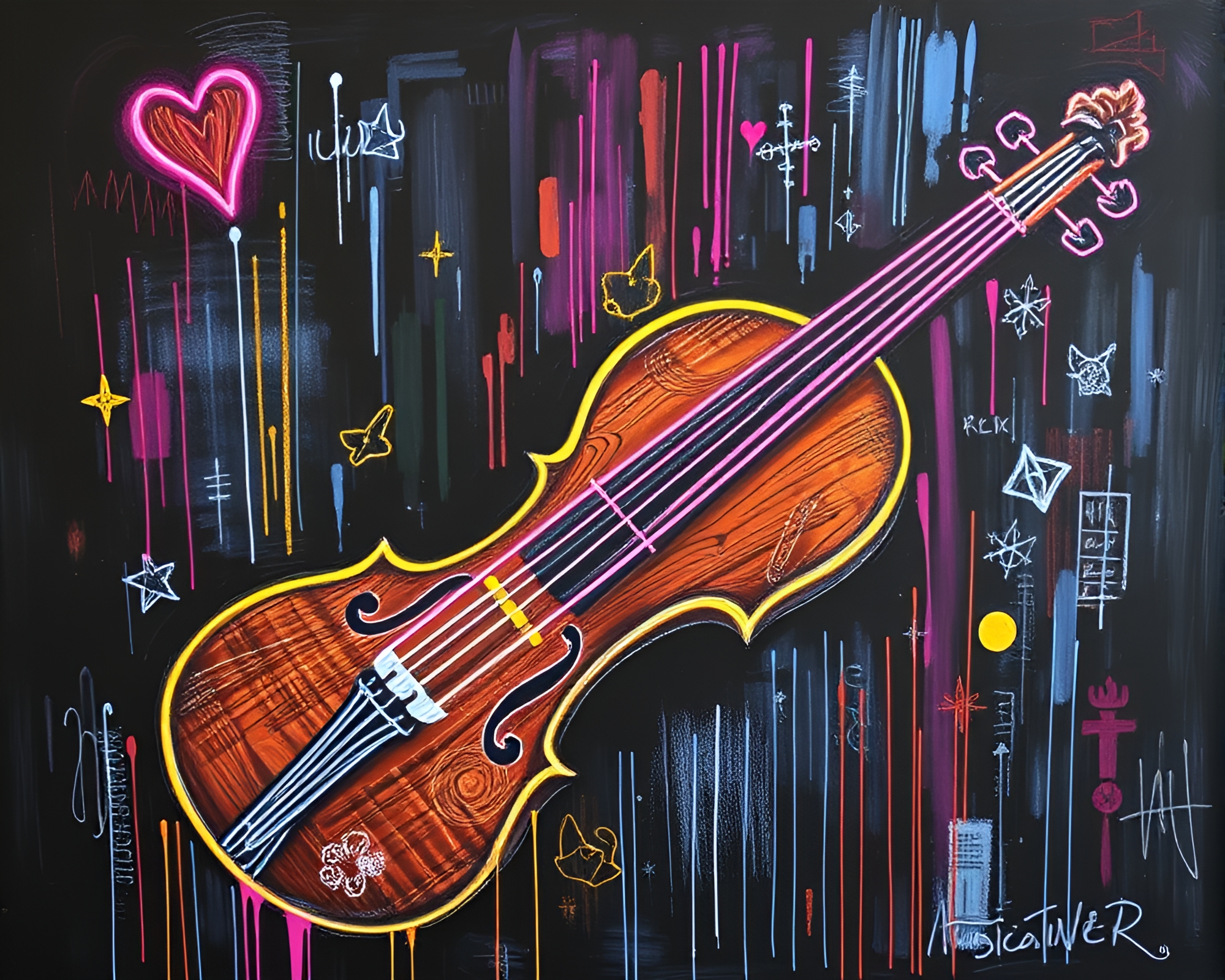 Neon Graffiti Violin in Acrylic Chalk Scrawls – free AI stock image