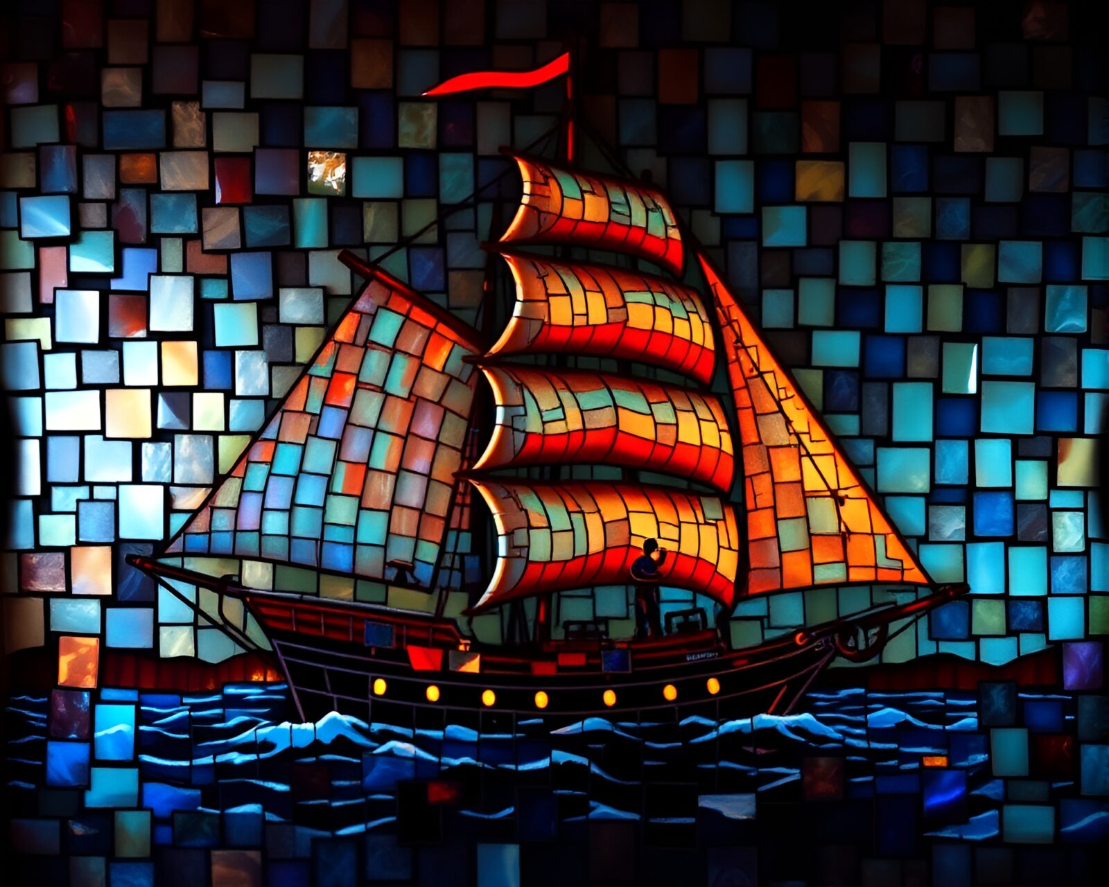 Fragmented neon-lit sailing ship on film grain background