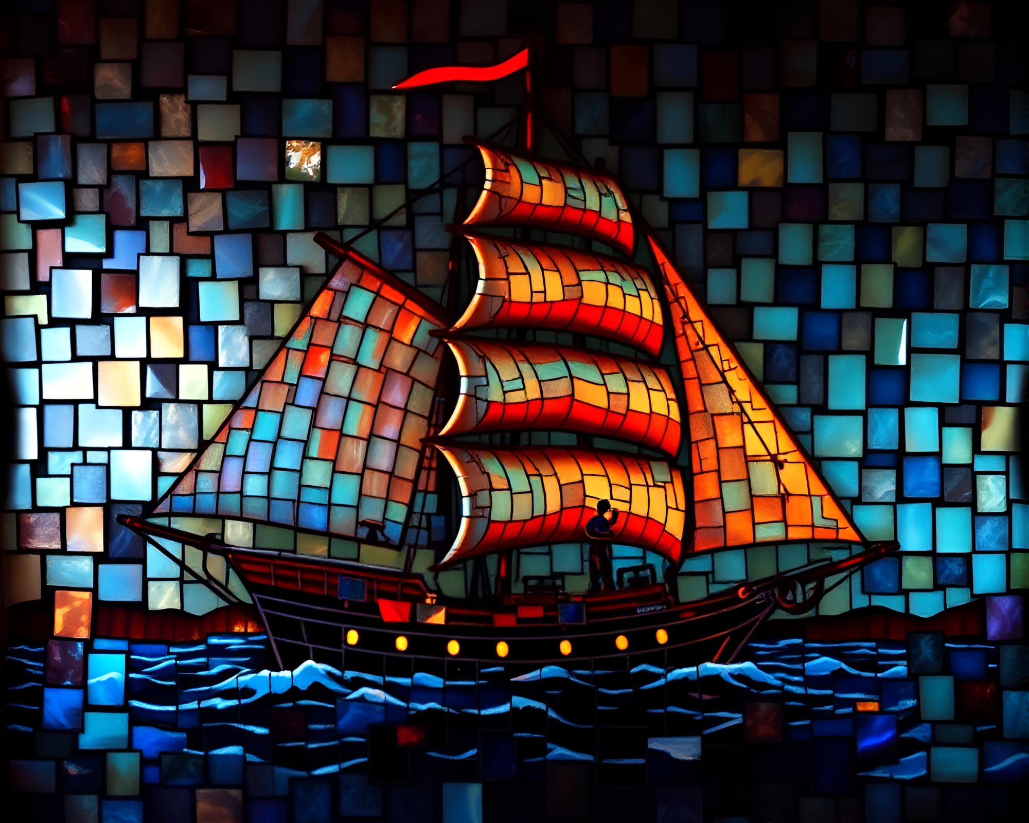 Neo-Mosaic Classic Sailing Ship in Film Grain Glow – free AI stock image