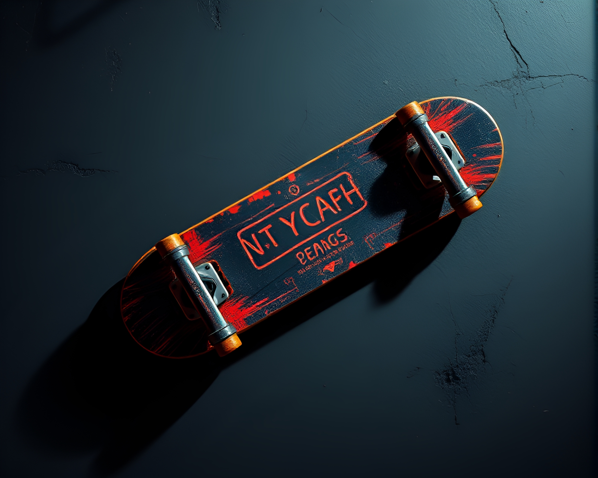 Vibrant Skateboard Scene with Scratch Textures and Neon Shadows – free AI stock image