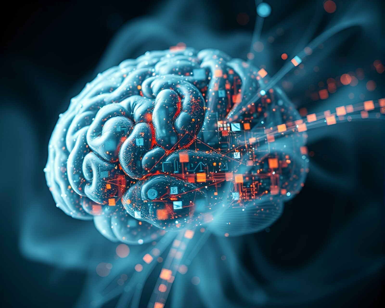 Abstract digital mosaic of AI brain in misty haze.