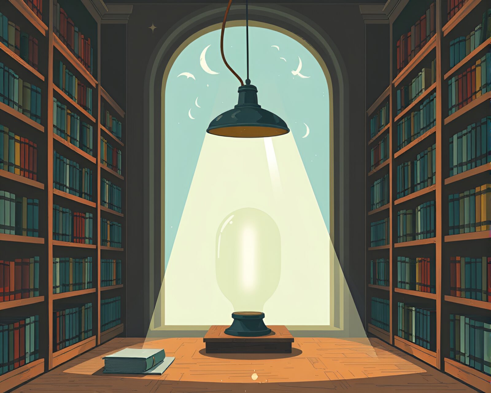 Fashion illustration of a submersible in a library