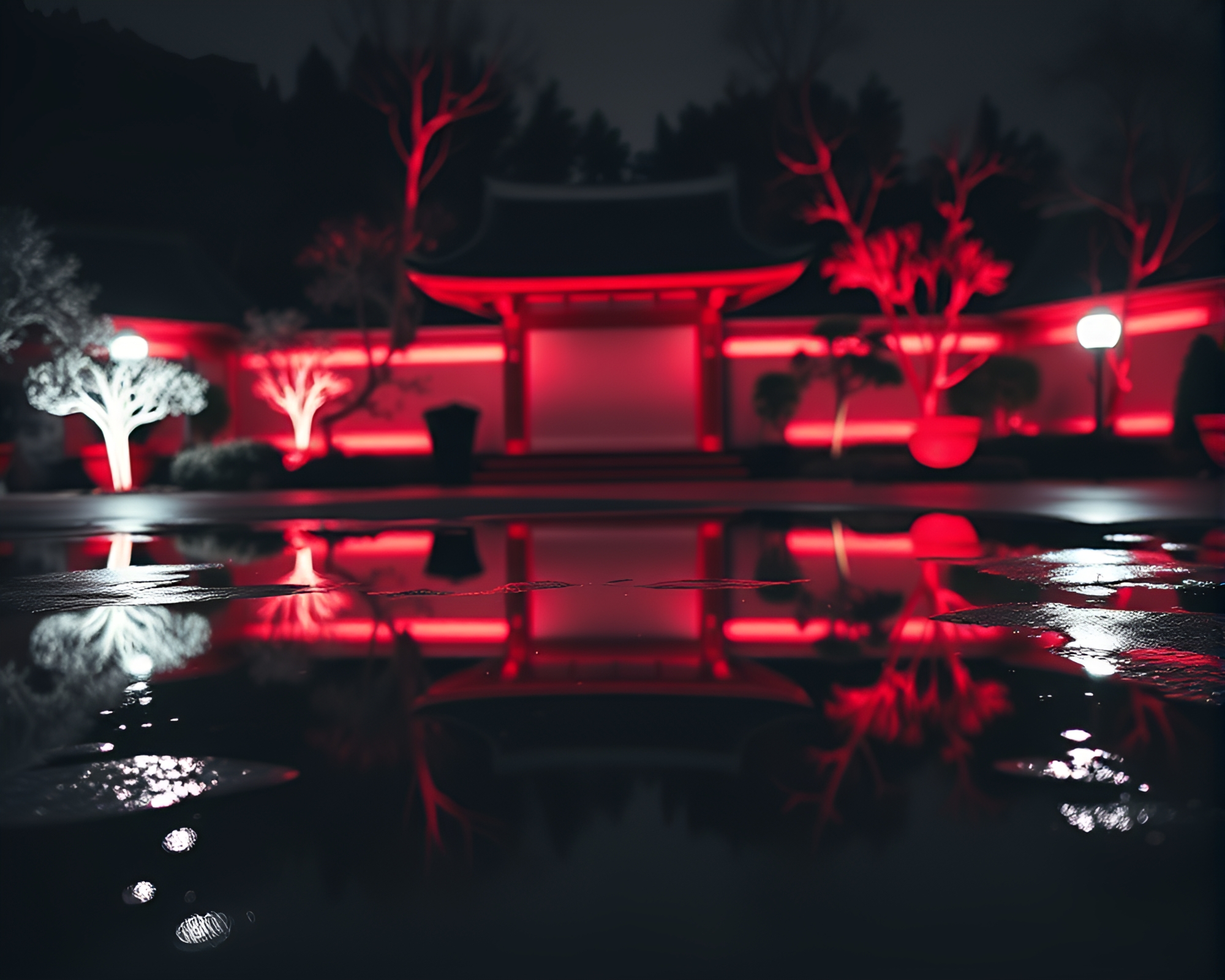 Zen Garden Puddle Reflecting Monochrome Red World – free AI stock image
