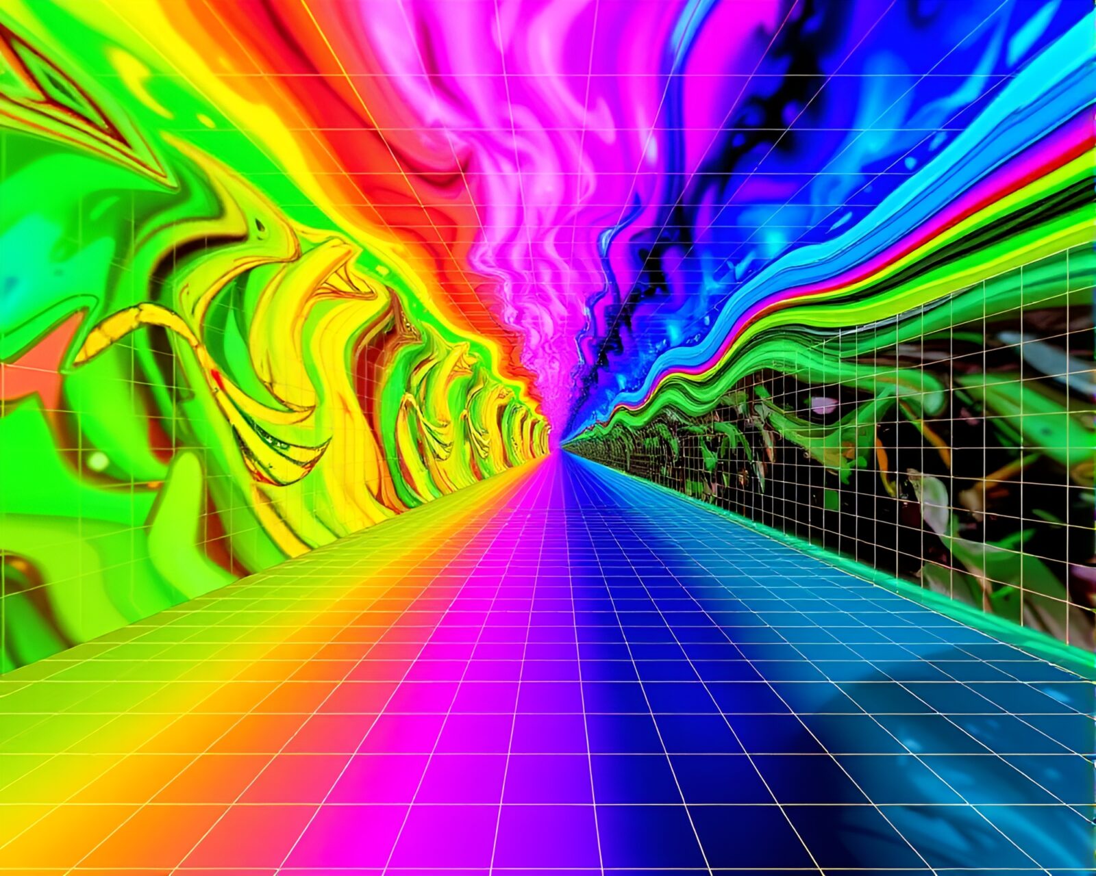 Vibrant swirling rainbow colors with 3D effect on grid pattern