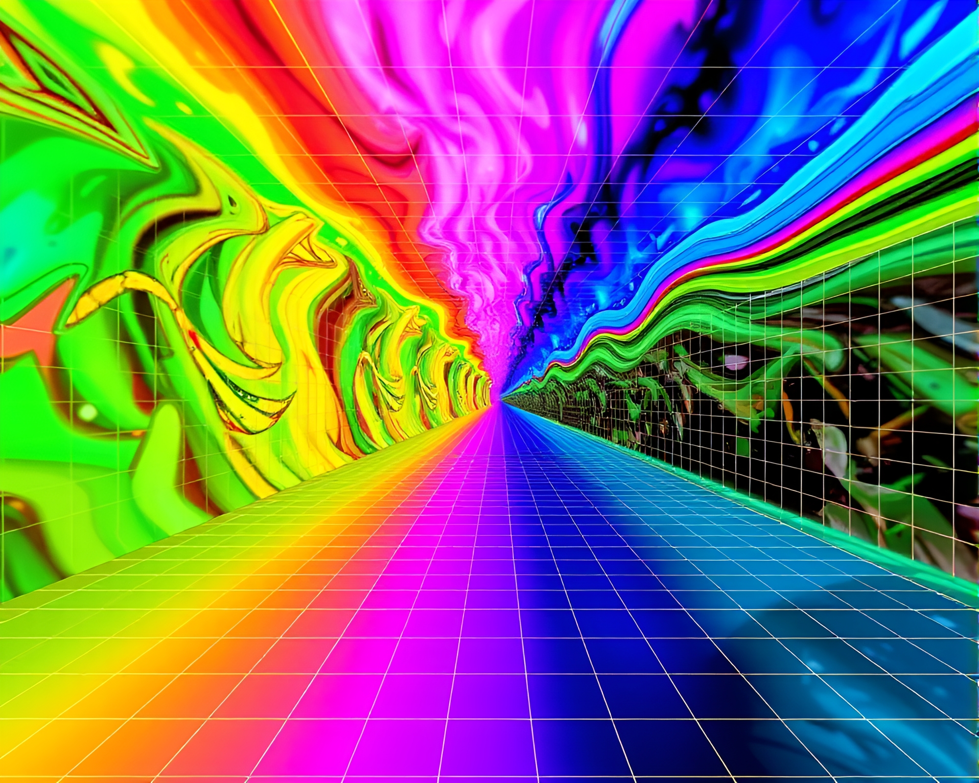 Psychedelic Rainbow Swirls in Stereoscopic 3D Grid – free AI stock image