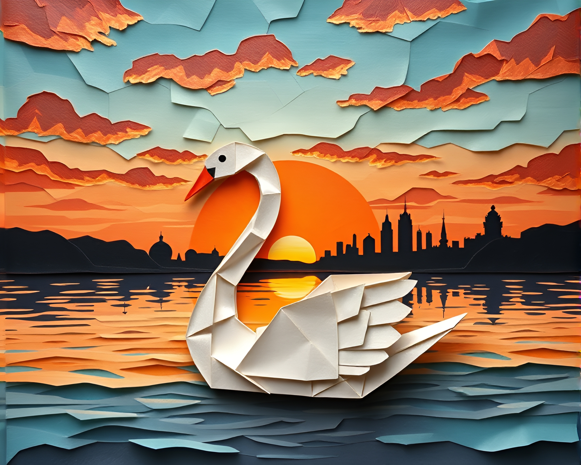 Sunset Origami Swan in Fresco Painting Style – free AI stock image