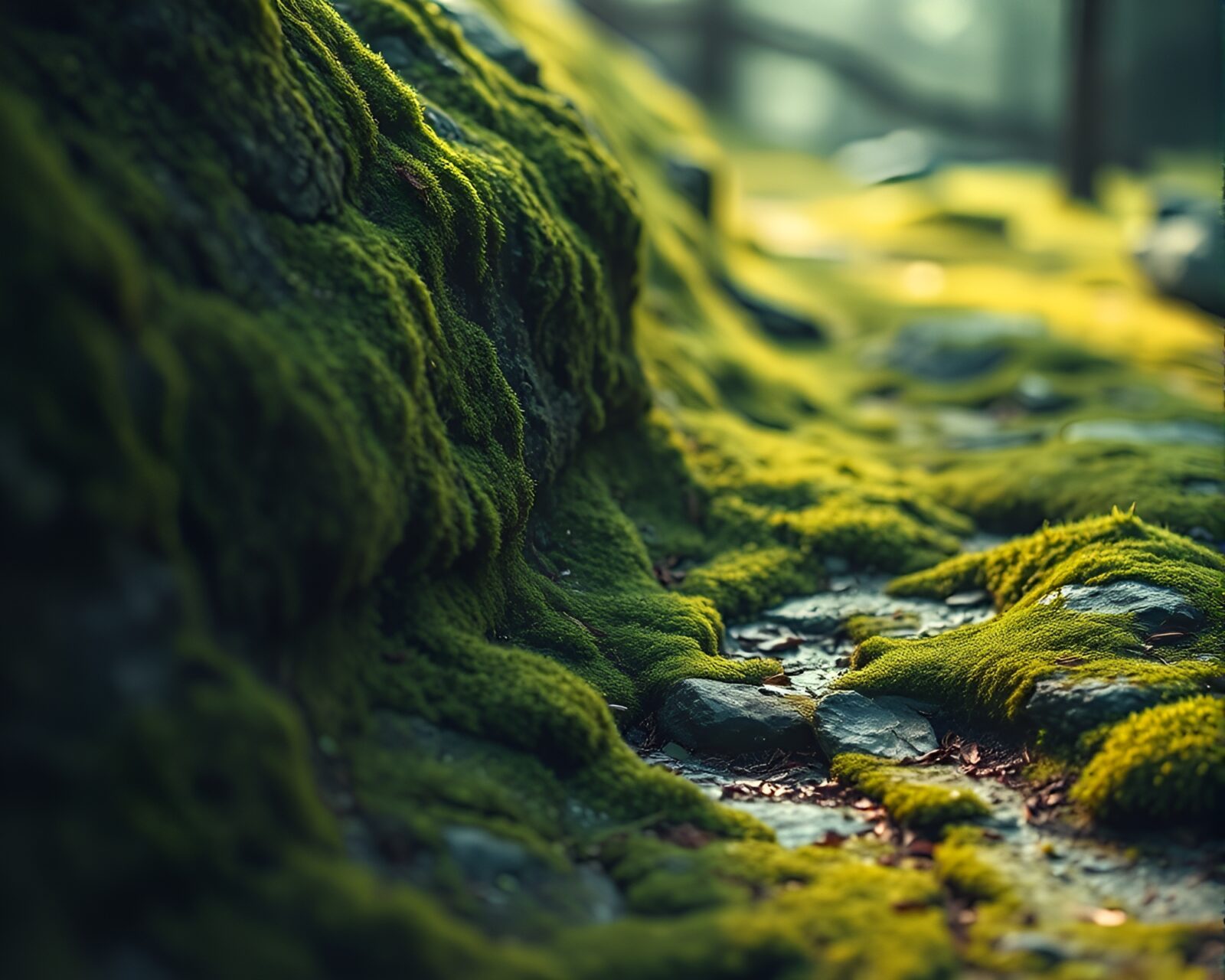 Enchanting mossy boulder with delicate leaf veins in ethereal glow