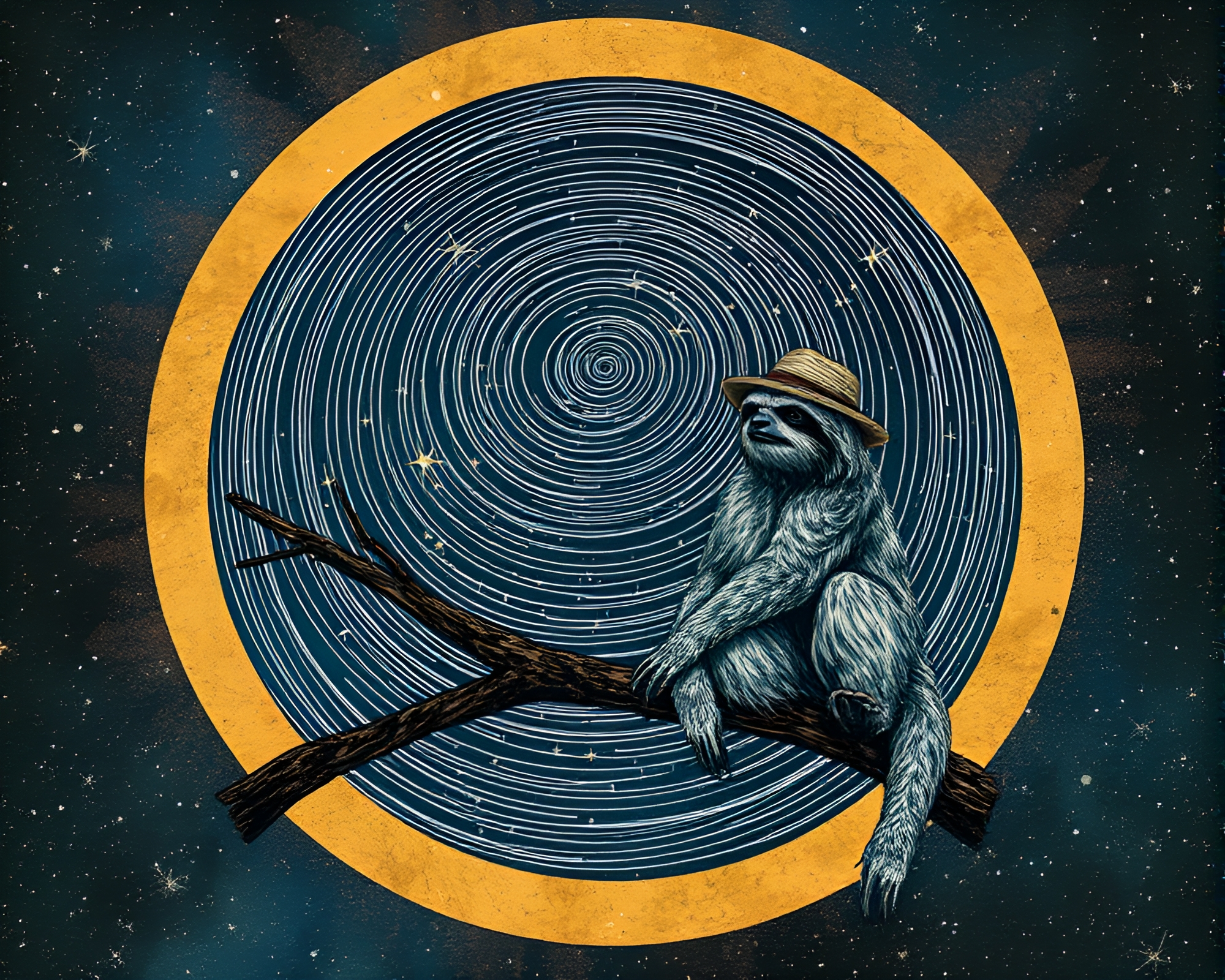 Sapphire Sloth: Dadaist Star Trails Collage – free AI stock image