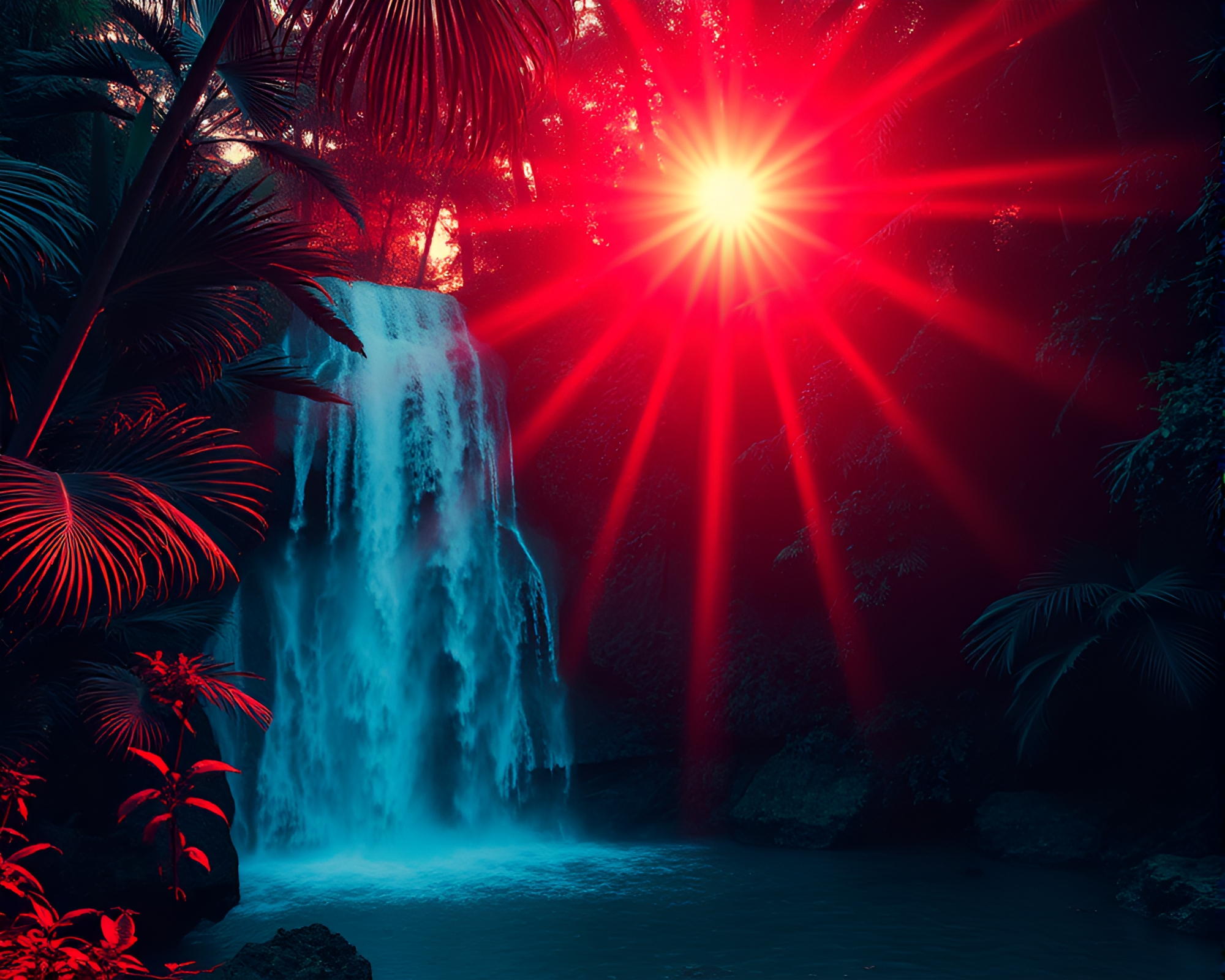 Tropical Waterfall Manga Sunburst Duotone Scene – free AI stock image