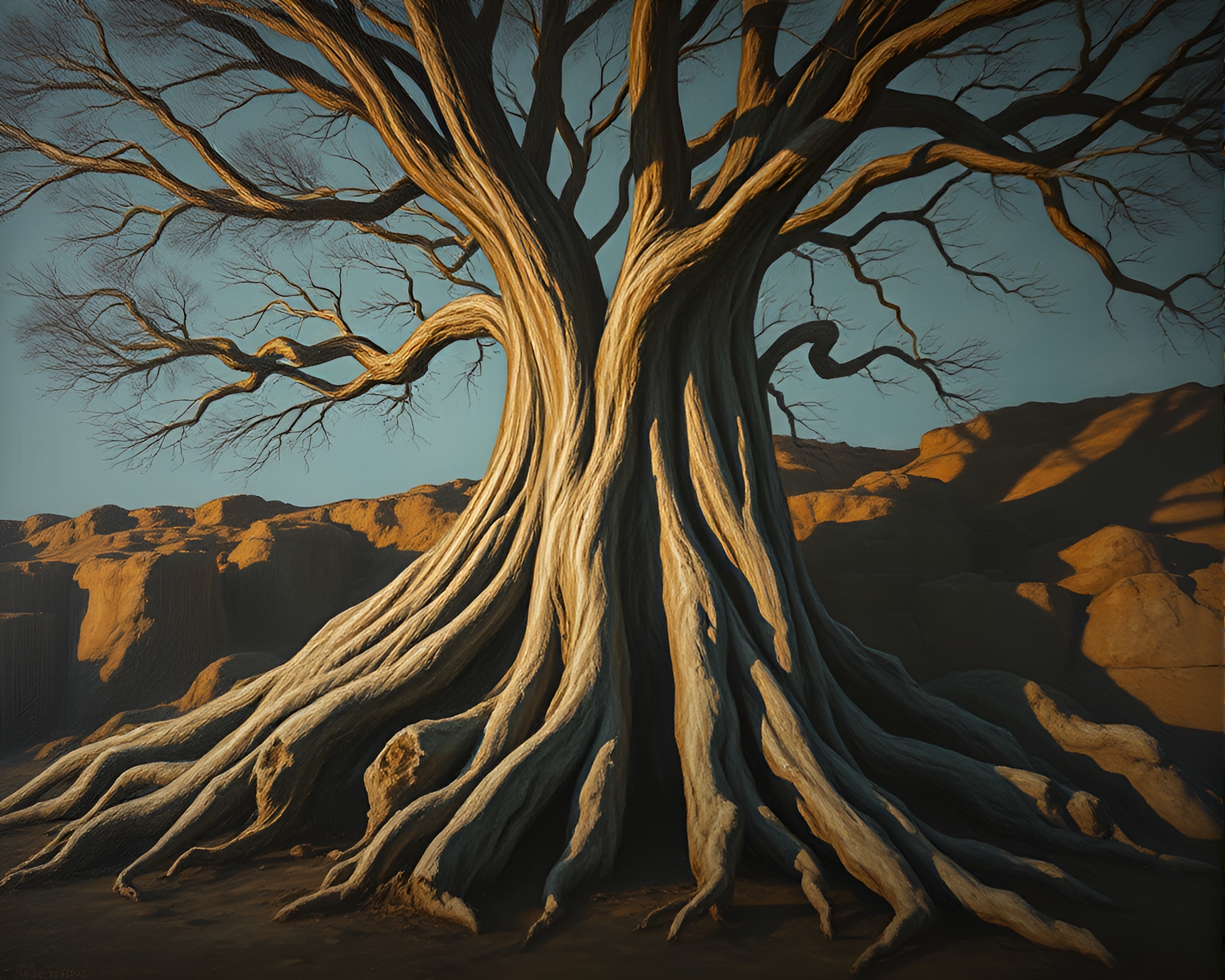 Majestic Ancient Tree in Soft Shadows – free AI stock image