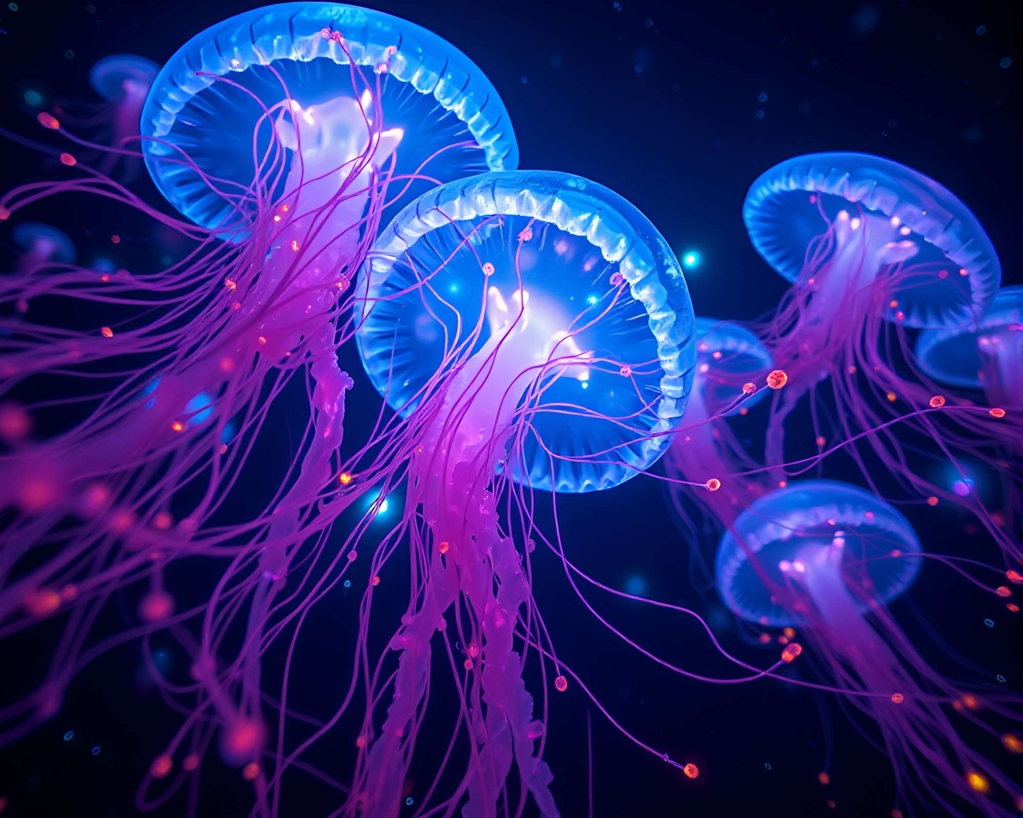 Bioluminescent Jellyfish in Dreamy Generative Art Worm’s Eye View – free AI stock image