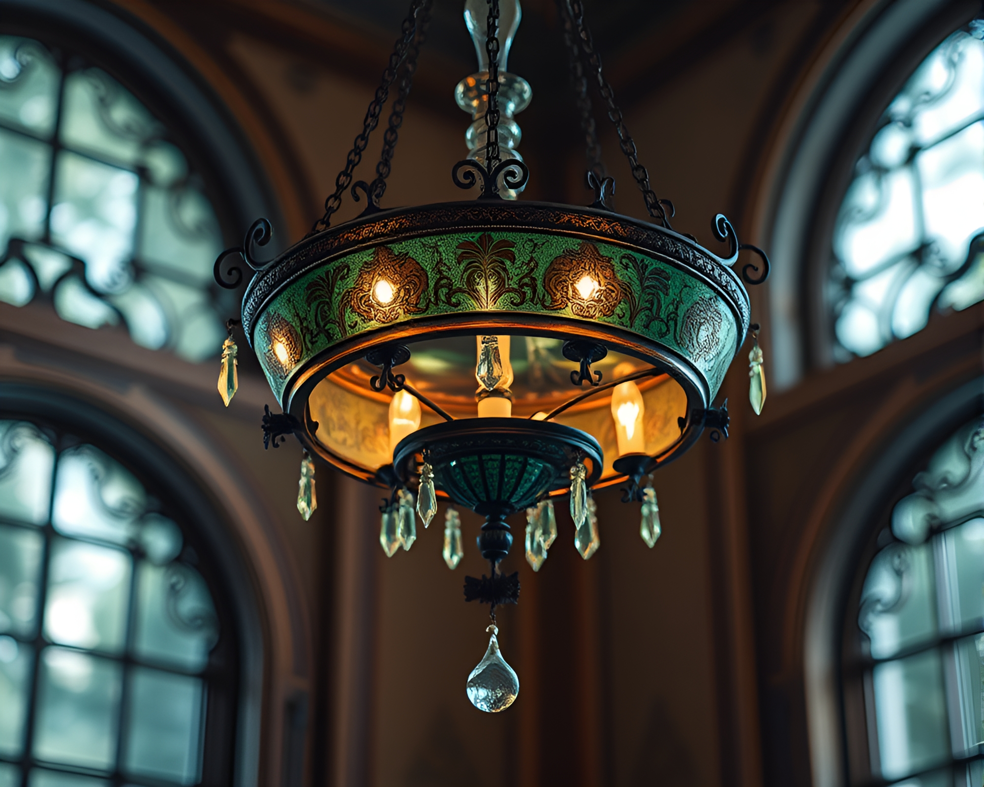 Intricate Engraved Chandelier Illuminated in Forest-Green Light – free AI stock image