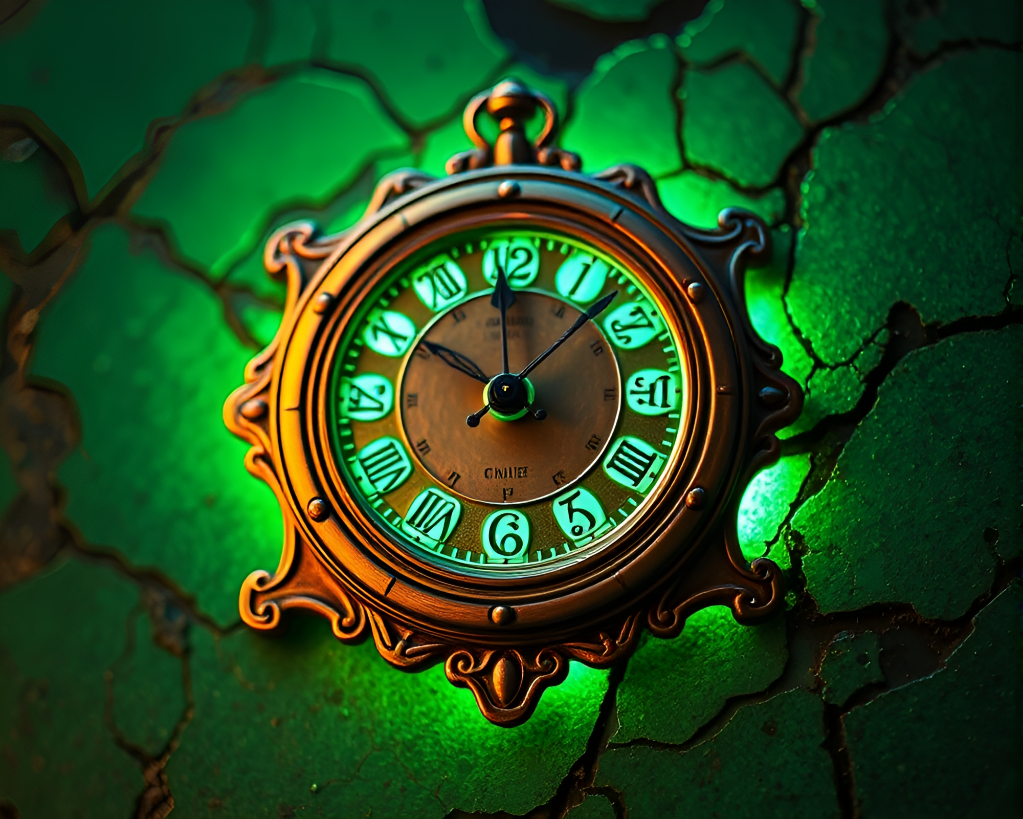 Chrono Clock in Copper Verdigris with Phosphorescent Shine – free AI stock image