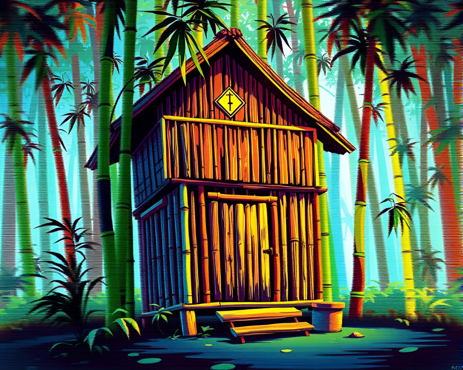 Colorful cartoon bamboo hut with glitch effects