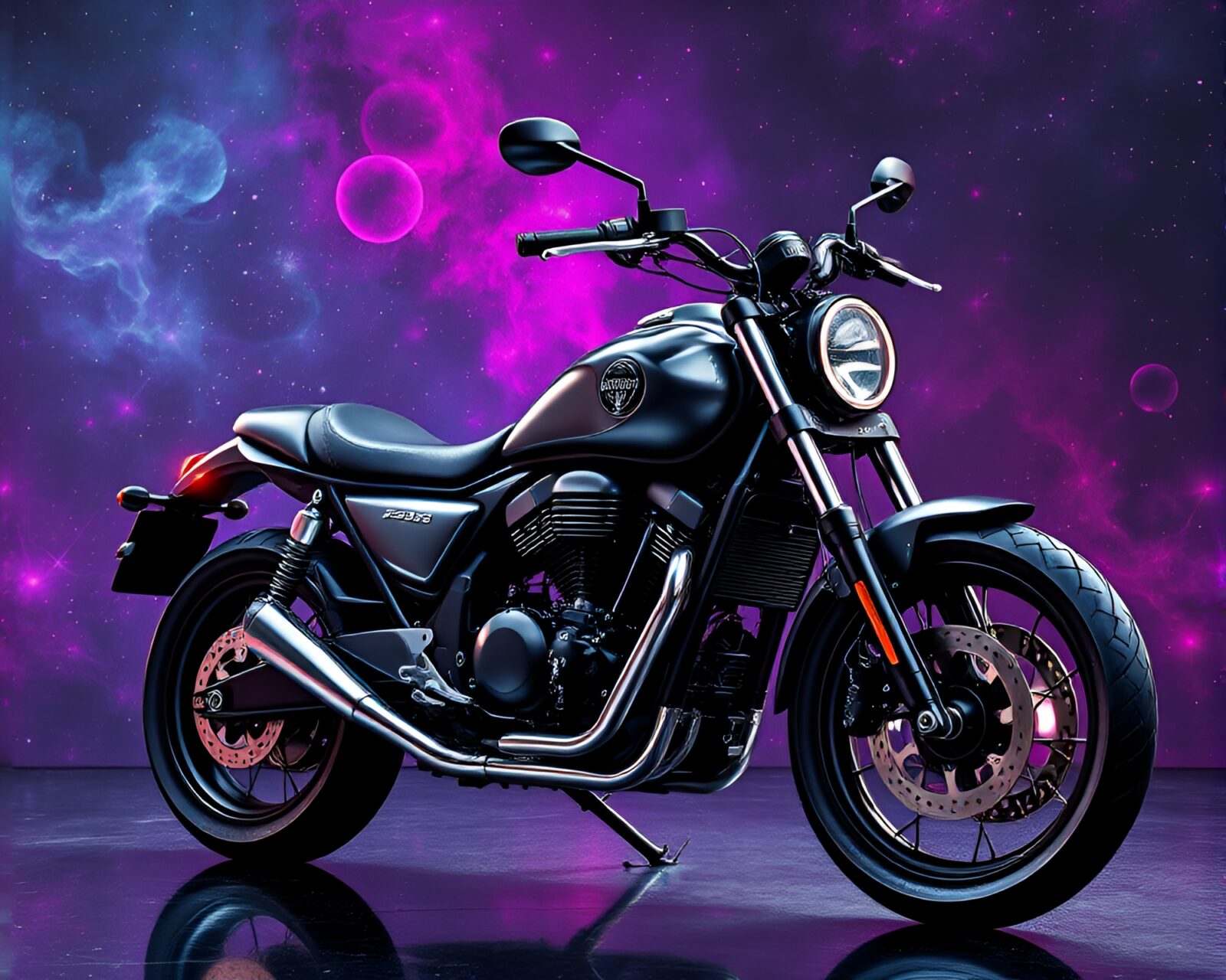 Black and white image of neon motorcycle with silver leaf accents in cosmic nebula lighting