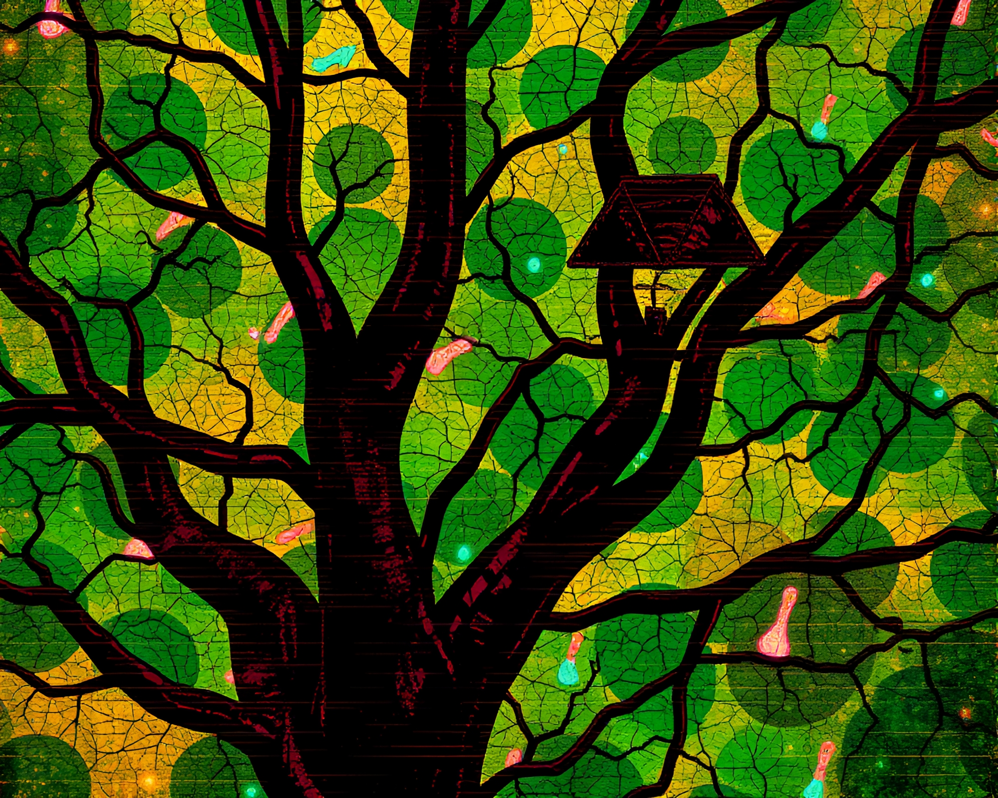 Digitally Glitched Treehouse with Jewel Tones – free AI stock image