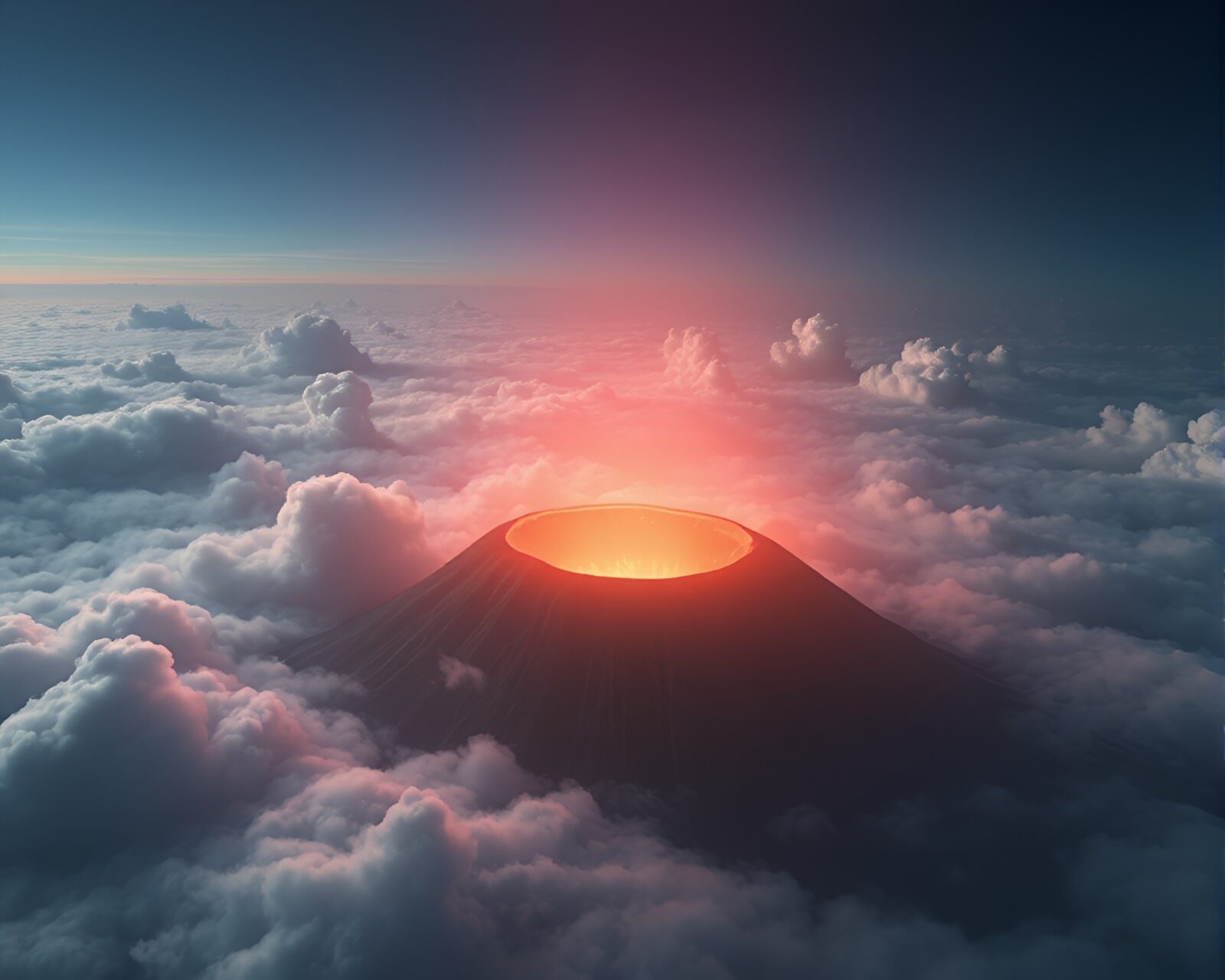 Fantastical image of volcano crater with magical aura and clouds