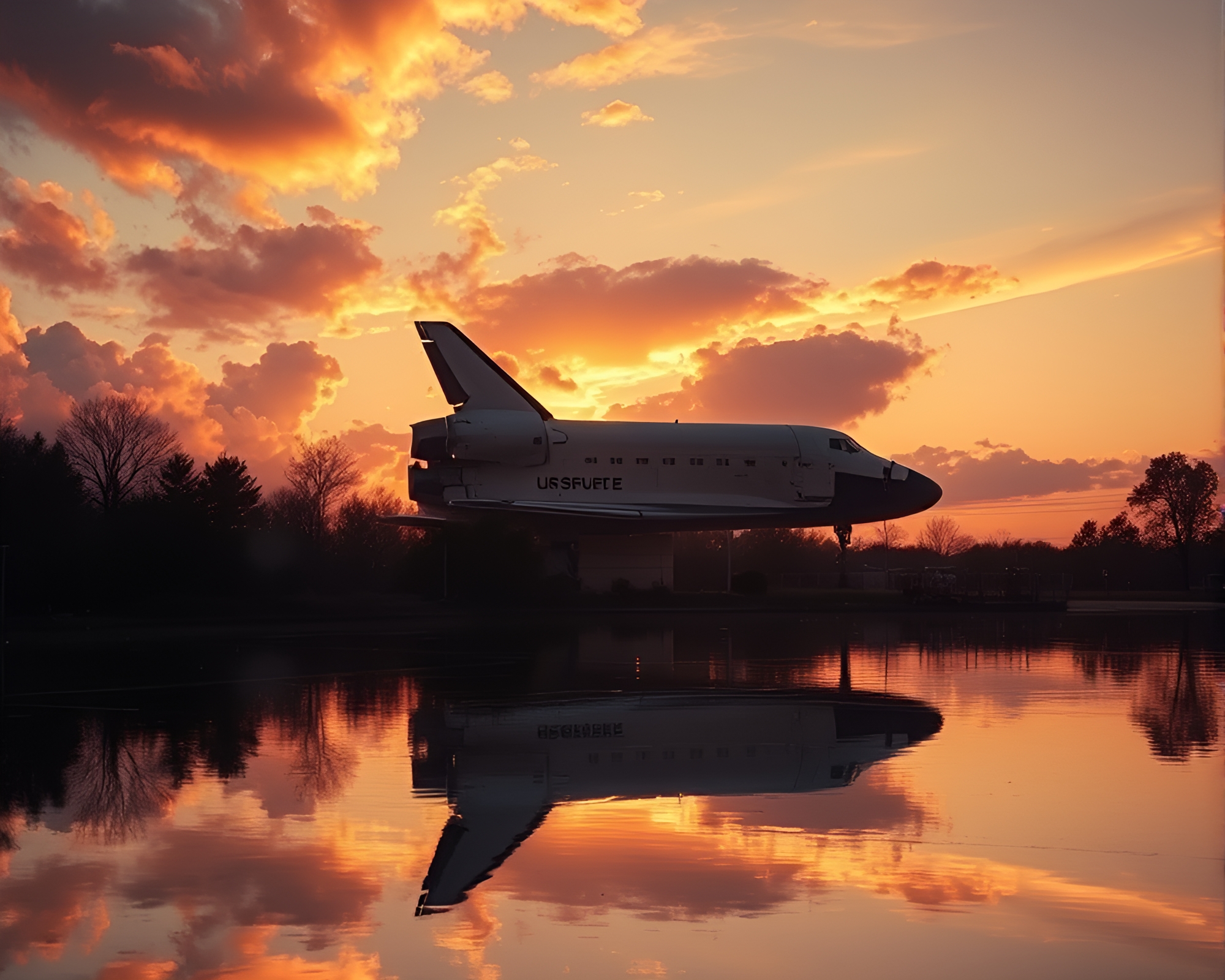 Space Shuttle Double Reflection at Golden Hour – free AI stock image