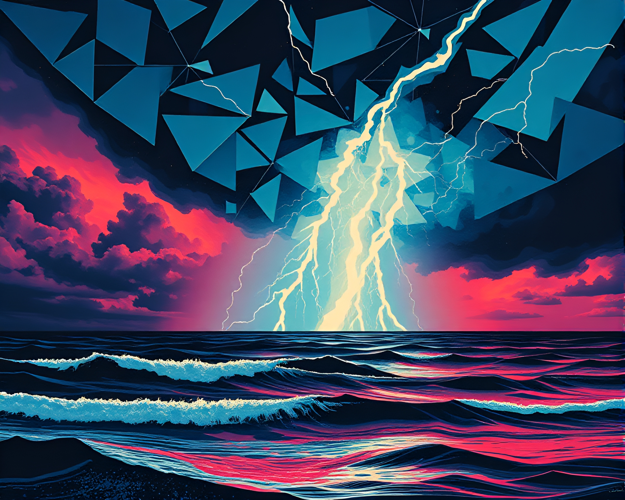 Surreal Thunderstorm Geometric Woodcut Print – free AI stock image