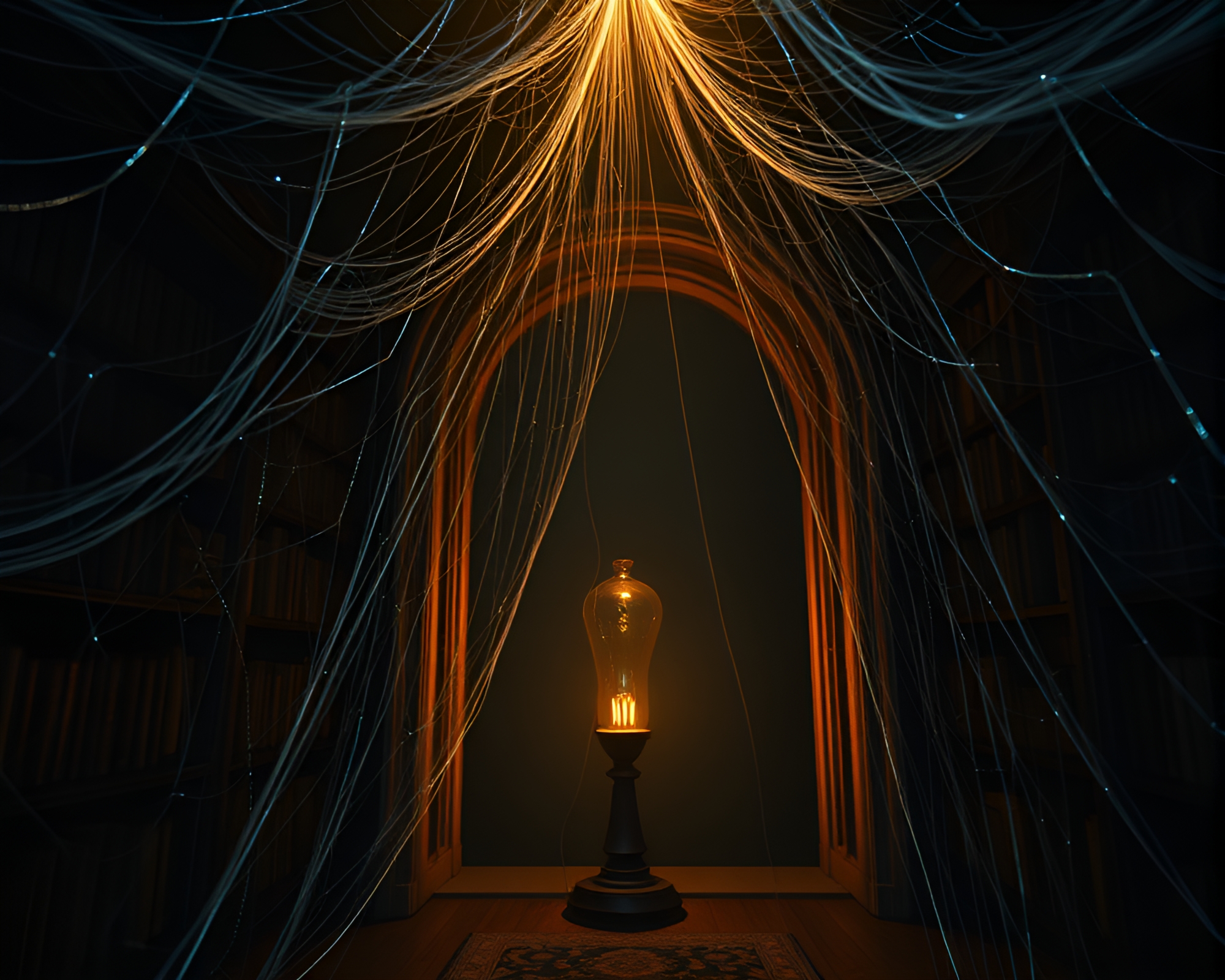Multiverse Portal Illuminated by Library Lamp, Duochrome Style – free AI stock image