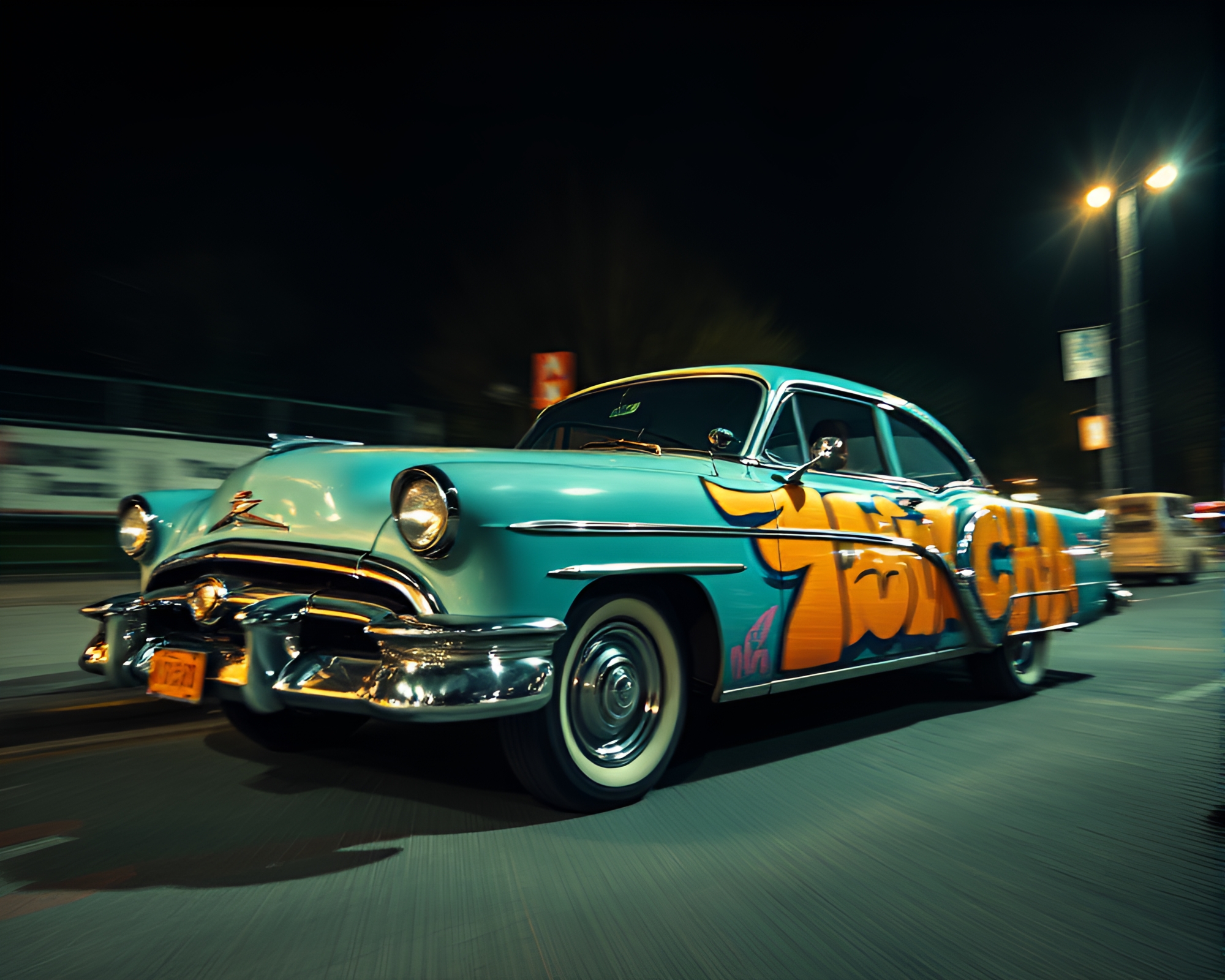 Vintage Car Swirl: Noir Pastel Street Art – free AI stock image