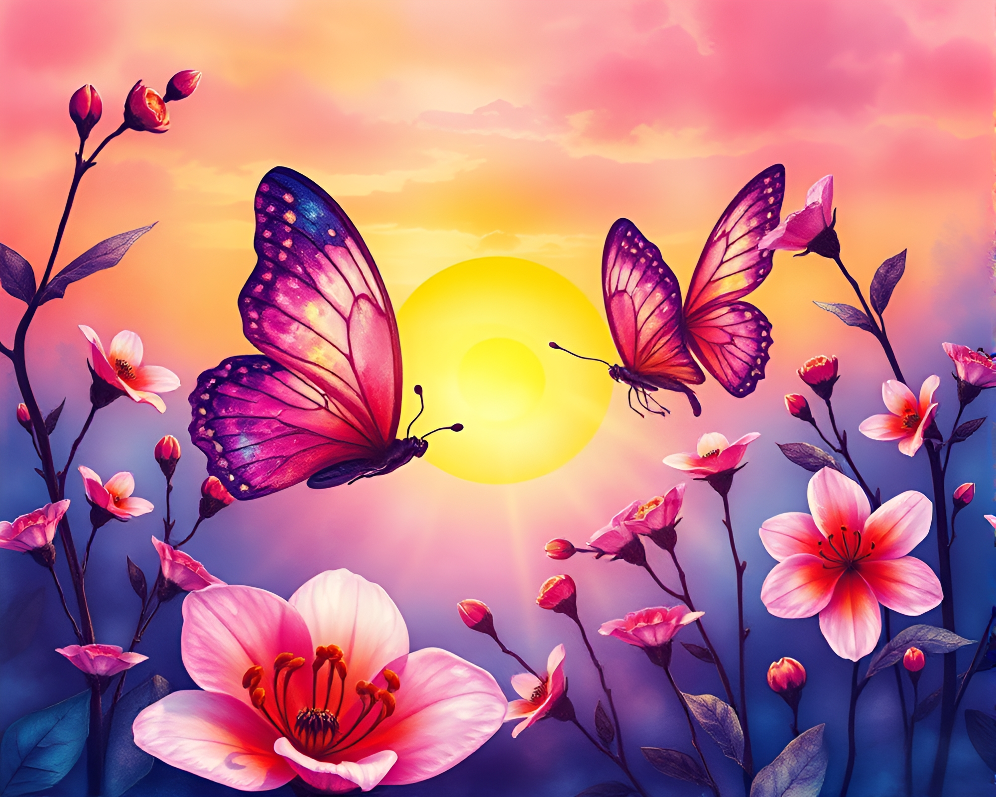 Watercolor Sunset with Silk Butterfly in Synthwave Style – free AI stock image