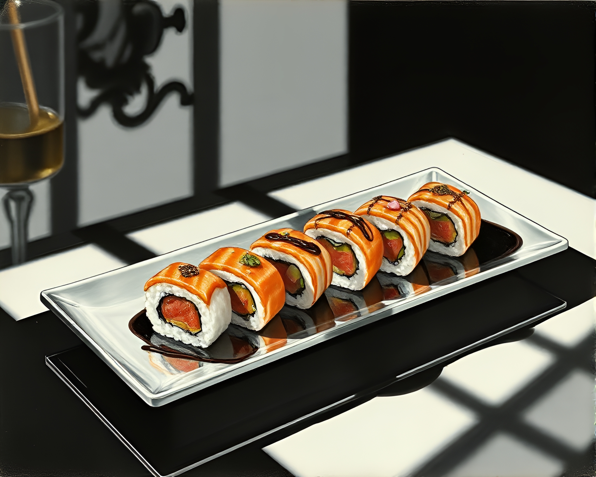 Lithographic Sushi Reflecting Hard Shadows – free AI stock image