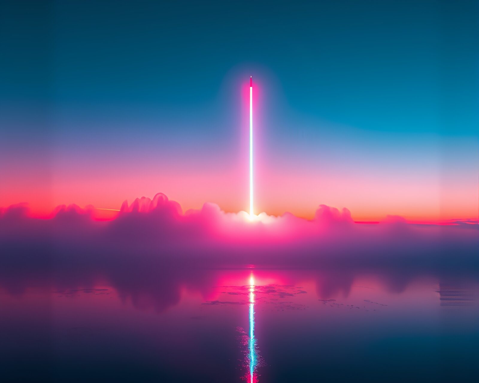 Geometrically abstracted rocket rising amidst neon reflections in dawn mist