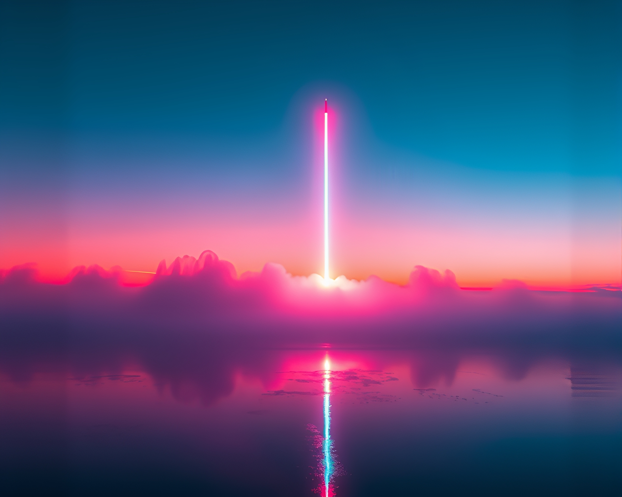 Neon Rocket Launch at Dawn Mist – free AI stock image