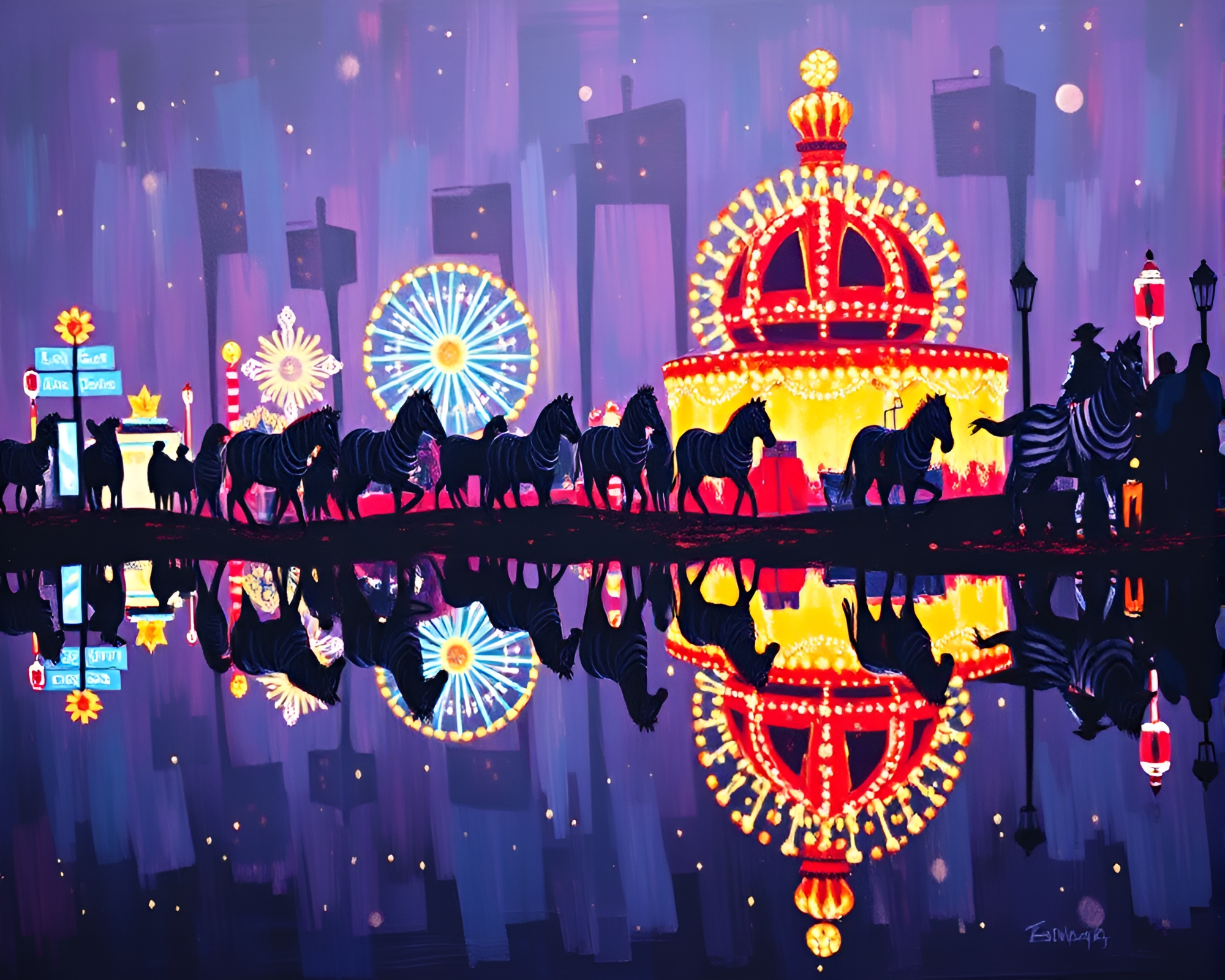 Zebra Carnival Lights Reflected Silhouette Acrylic Painting – free AI stock image