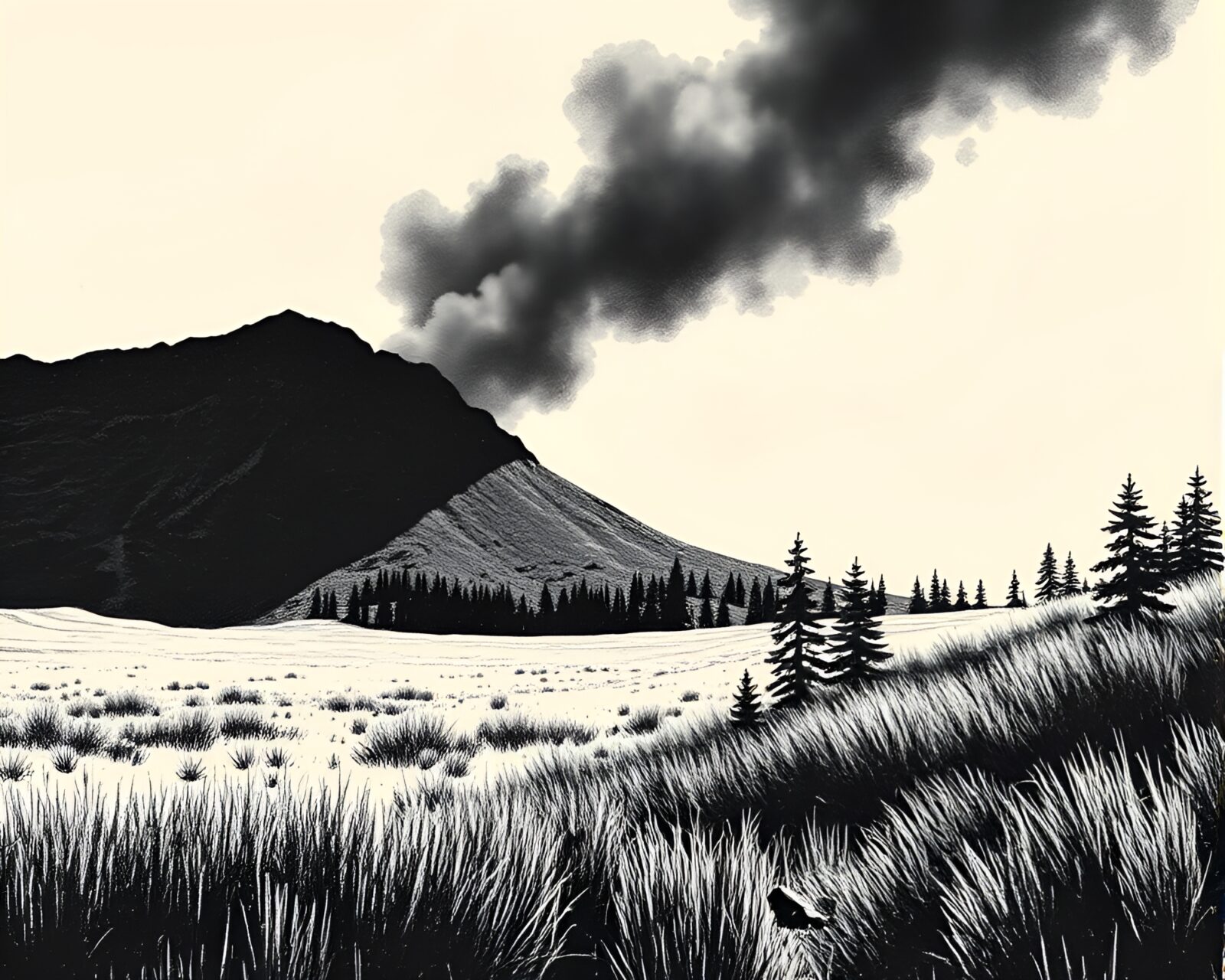 Detailed woodcut print of geyser field in hard shadows