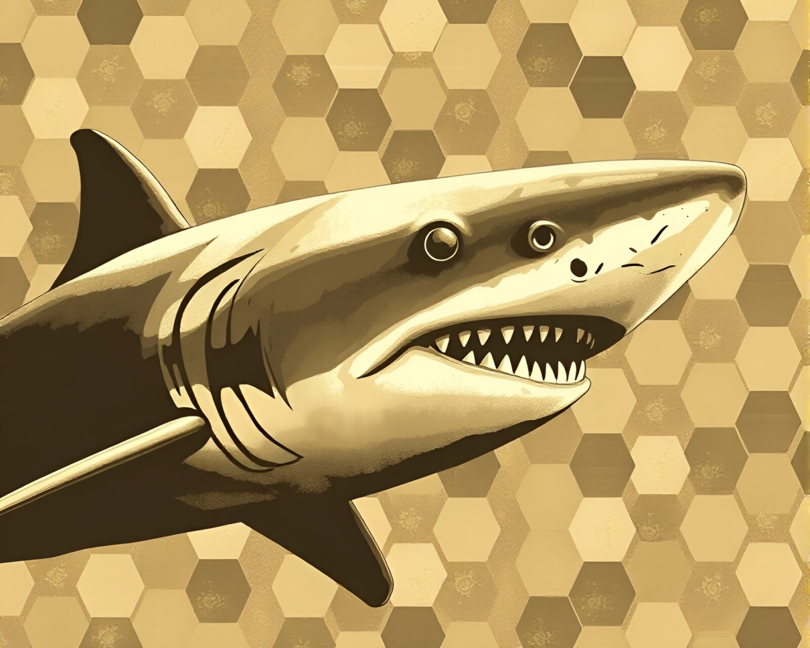 Detailed hexagonal shark tiling in halftone with sepia tones