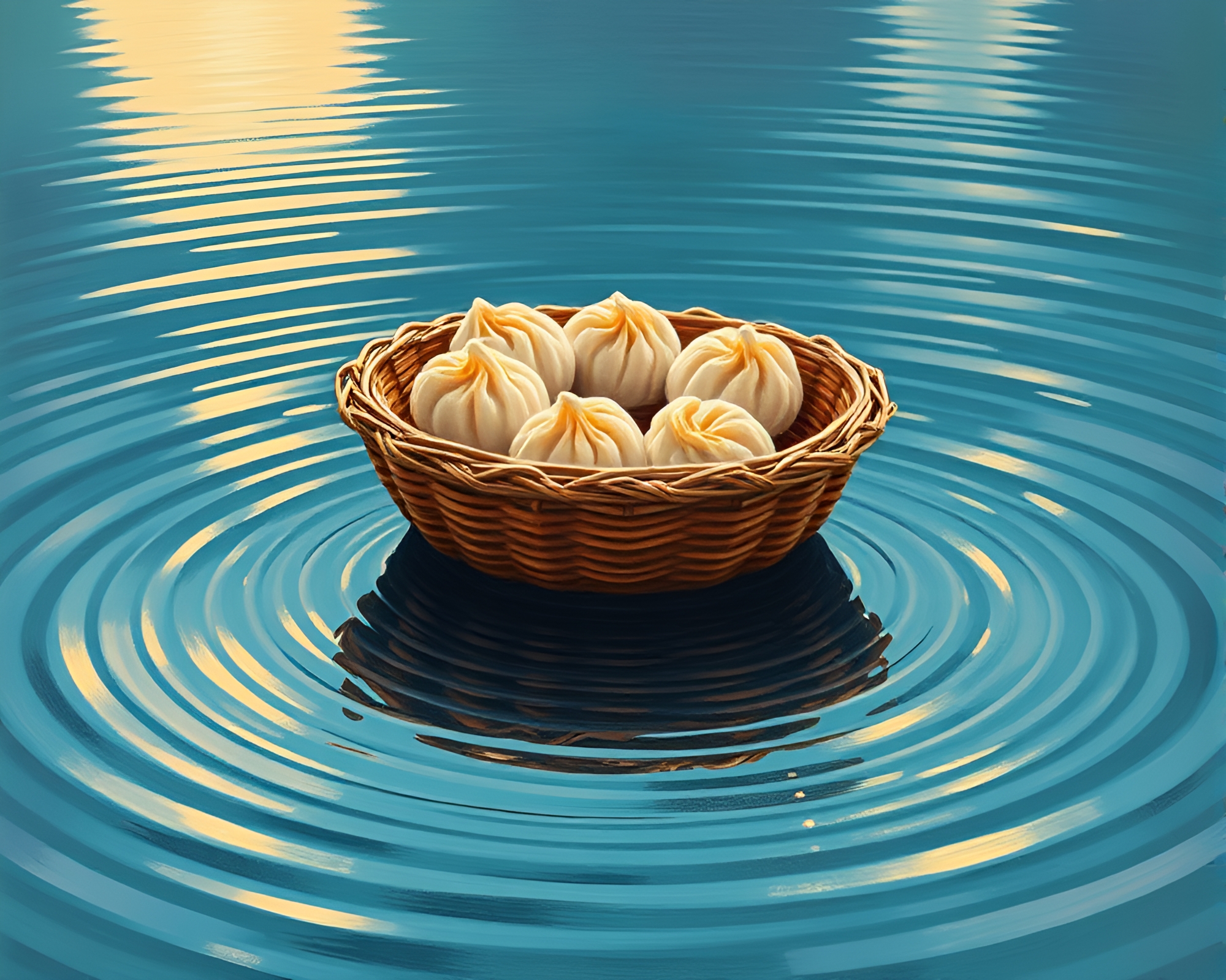 Dim Sum Basket Reflections in Planetary Pastel Waters – free AI stock image