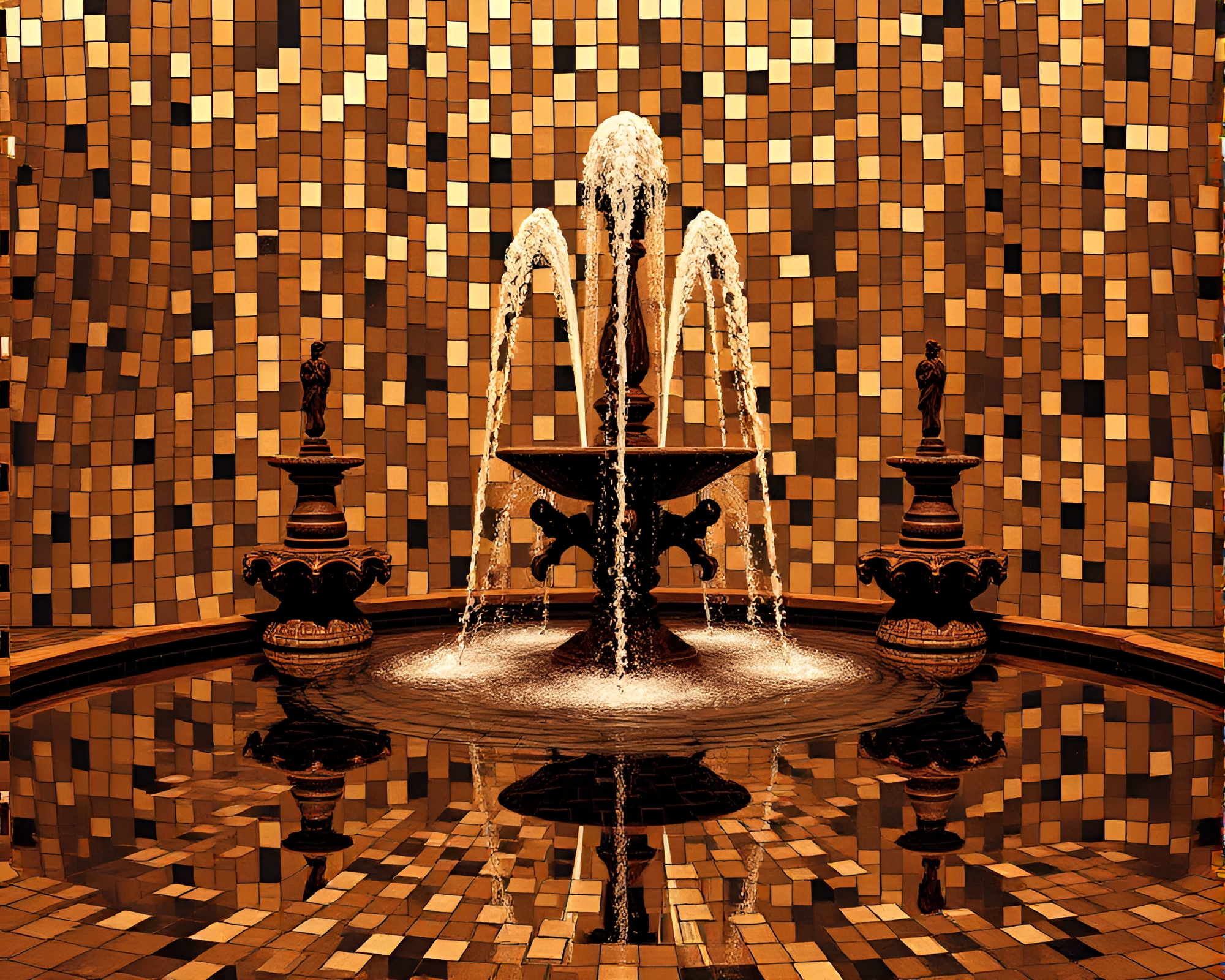 Mosaic Chocolate Fountain Reflecting Sepia Tones – free AI stock image